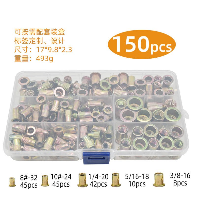 150Pcs Rivet Nuts Kit 1/4 - 20 3/8 - 16 5/16 - 18 10 - 24 8 - 32 - HomeDIYer