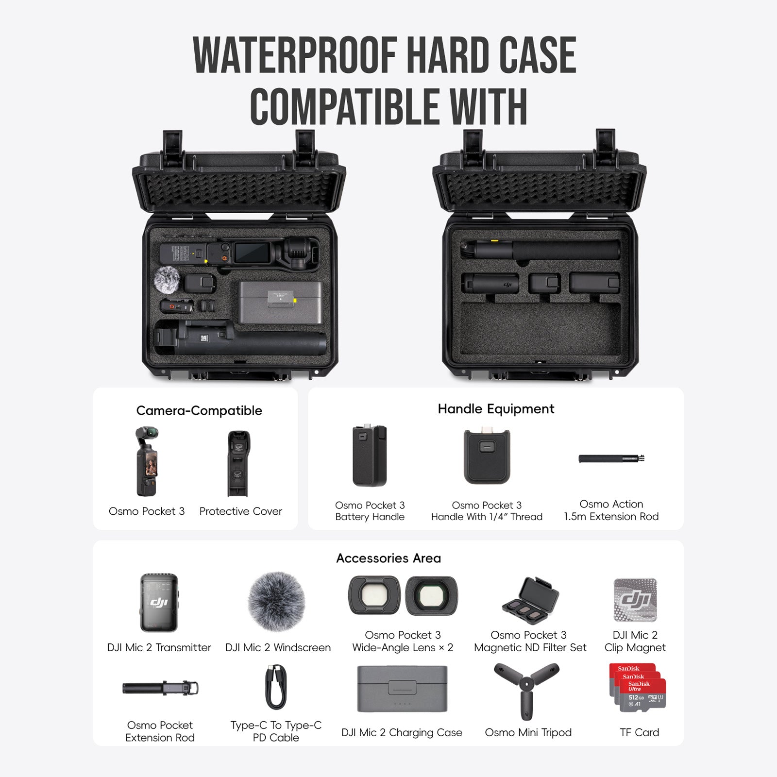 DJI Pocket 3 Waterproof Hard Case, IP67 Shockproof PP Storage Box for OSMO Camera, 1-Layer or 2-Layer
