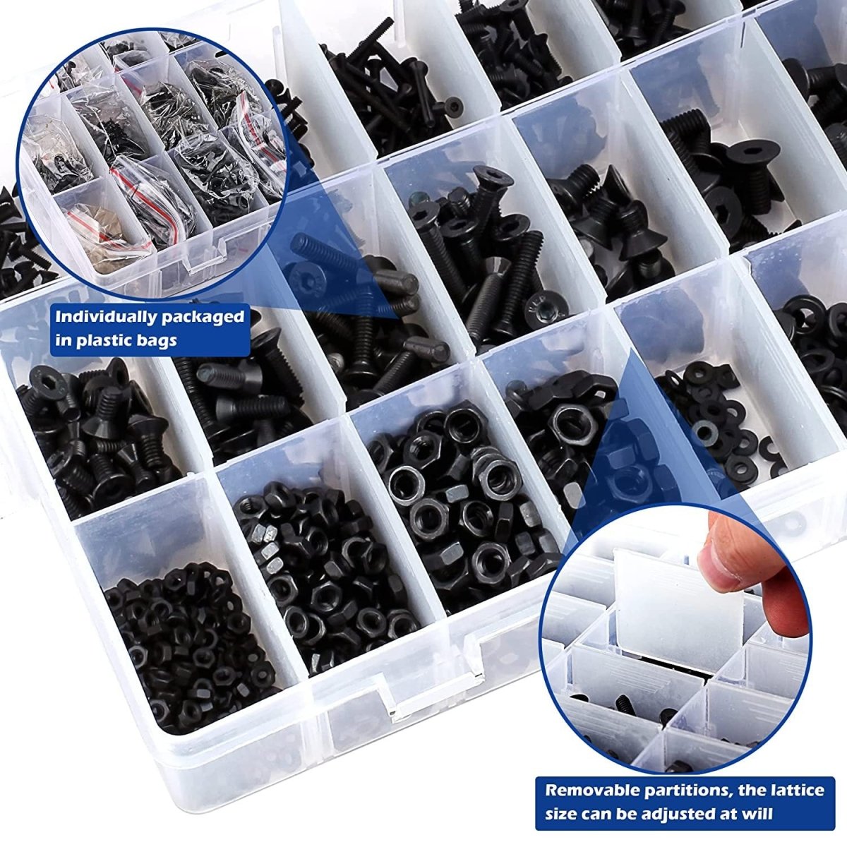 1500pcs Screws Assortment , M2 M3 M4 M5 10.9 Grade Alloy Steel Hex Flat Head Cap Bolts Nuts Washers Assortment Kit with Hex Wrenches - HomeDIYer