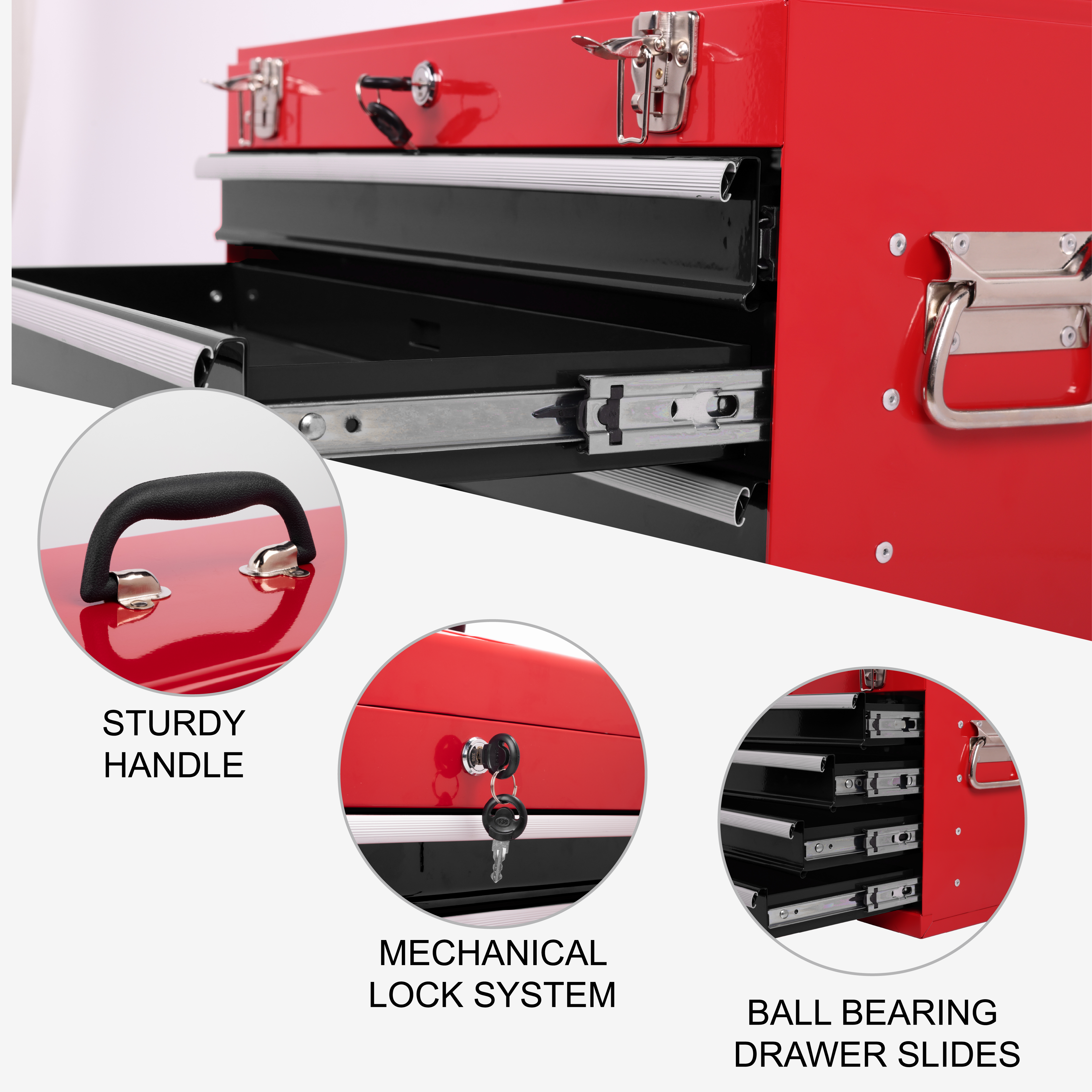 Heavy Duty Metal Tool Box – 21" Portable 4-Drawer Tool Chest with EVA Liners, Ball Bearing Slides & Locking System, Red and Black