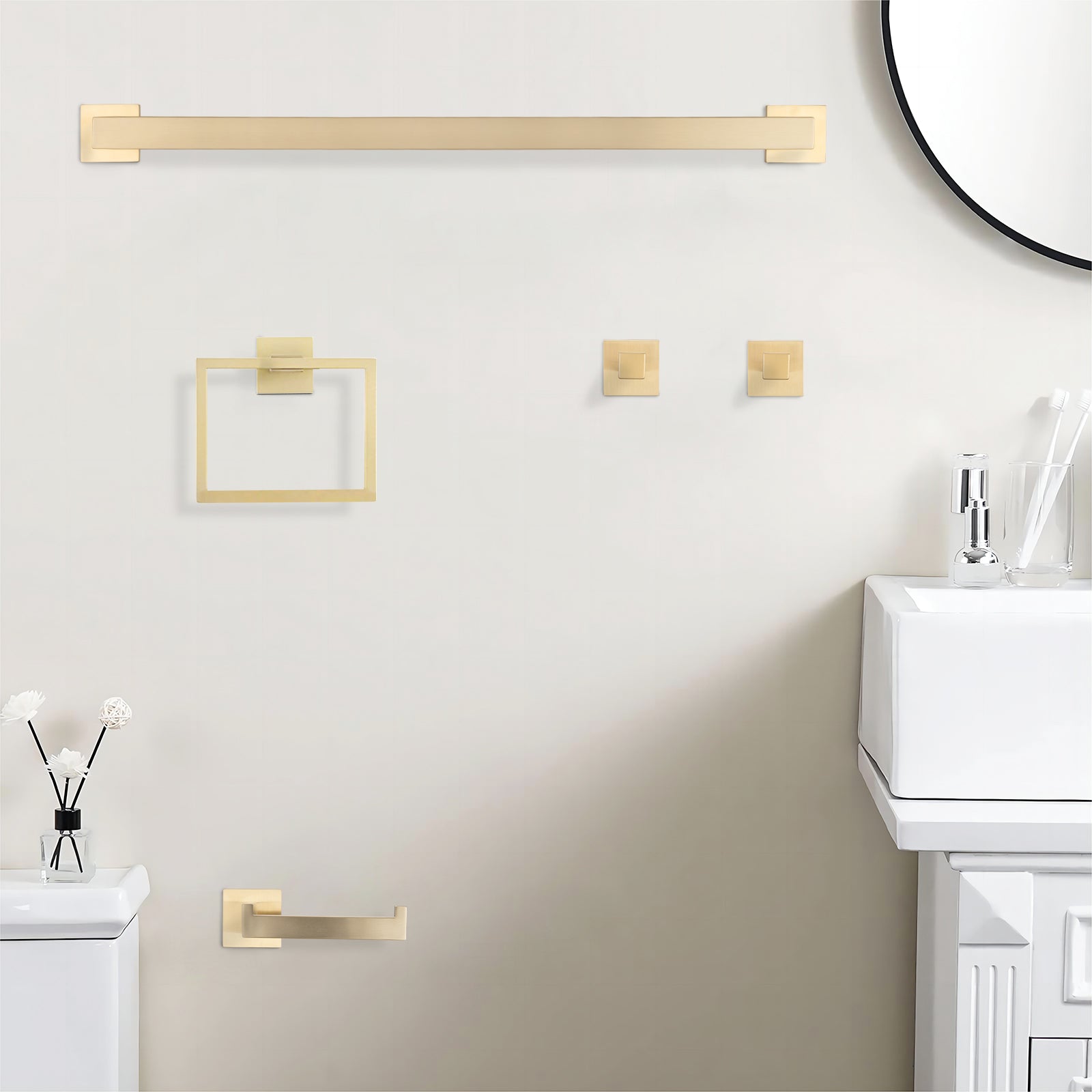 Brushed Gold 5-Piece SUS304 Bathroom Hardware Set – Towel Bar, Ring, Hooks & TP Holder, Modern Rustproof