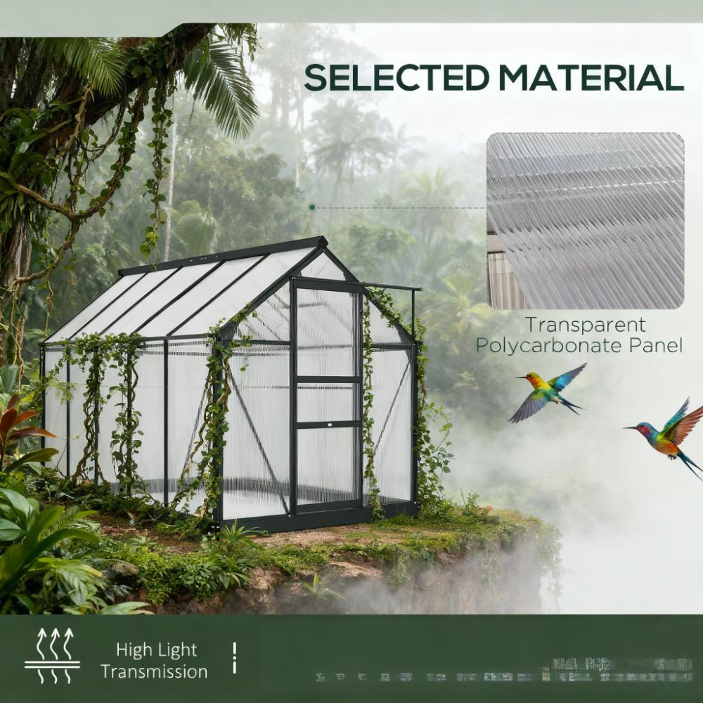 6.2ft x 8.3ft x 6.6ft Heavy‑Duty Aluminum Walk‑In Greenhouse — Polycarbonate Panels Sliding Door & Rooftop Vent Gray