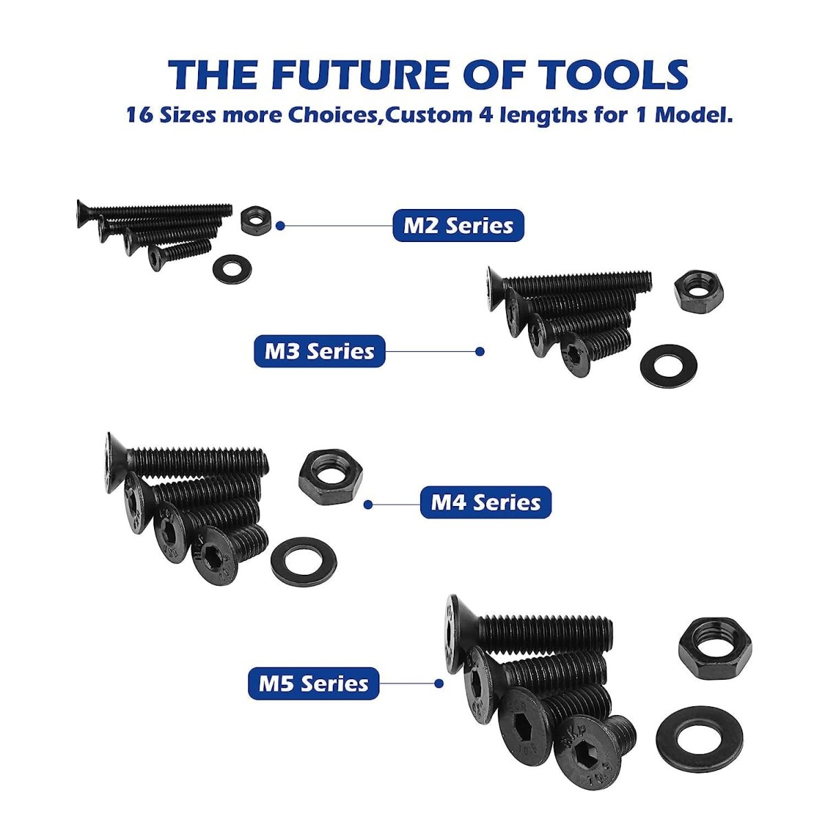 1500pcs Screws Assortment , M2 M3 M4 M5 10.9 Grade Alloy Steel Hex Flat Head Cap Bolts Nuts Washers Assortment Kit with Hex Wrenches - HomeDIYer