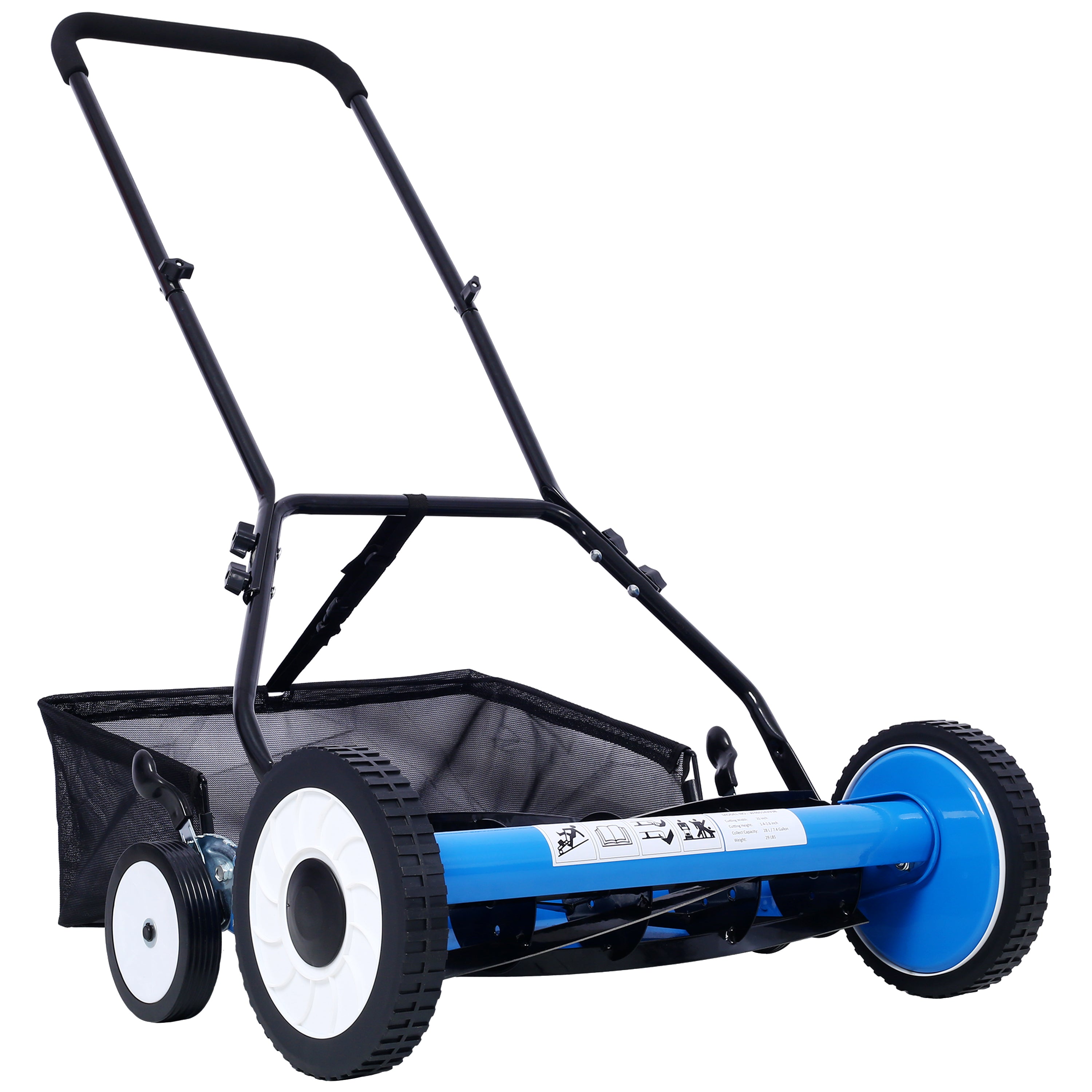 16-Inch 5-Blade Push Reel Lawn Mower with Grass Catcher, 4 WHEELS BLUE COLOR