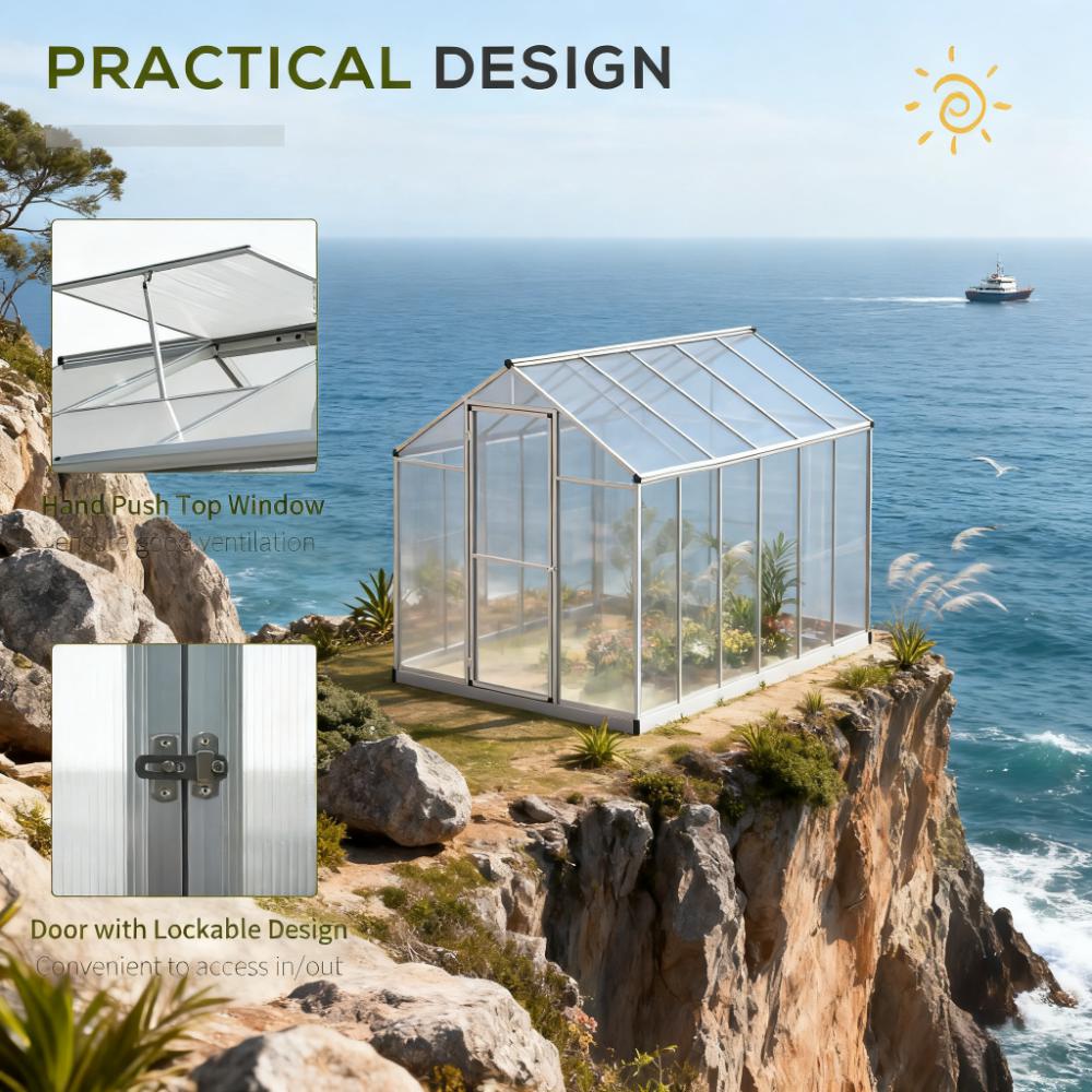 10ft x 6ft Heavy‑Duty Aluminum Walk‑In Greenhouse — Polycarbonate Panels Roof Vent & Rain Gutters Silver