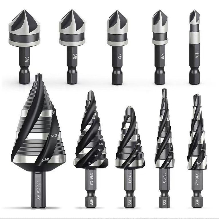 10‑Piece HSS Imperial Step Drill Bits · 4‑Flute Hex Shank