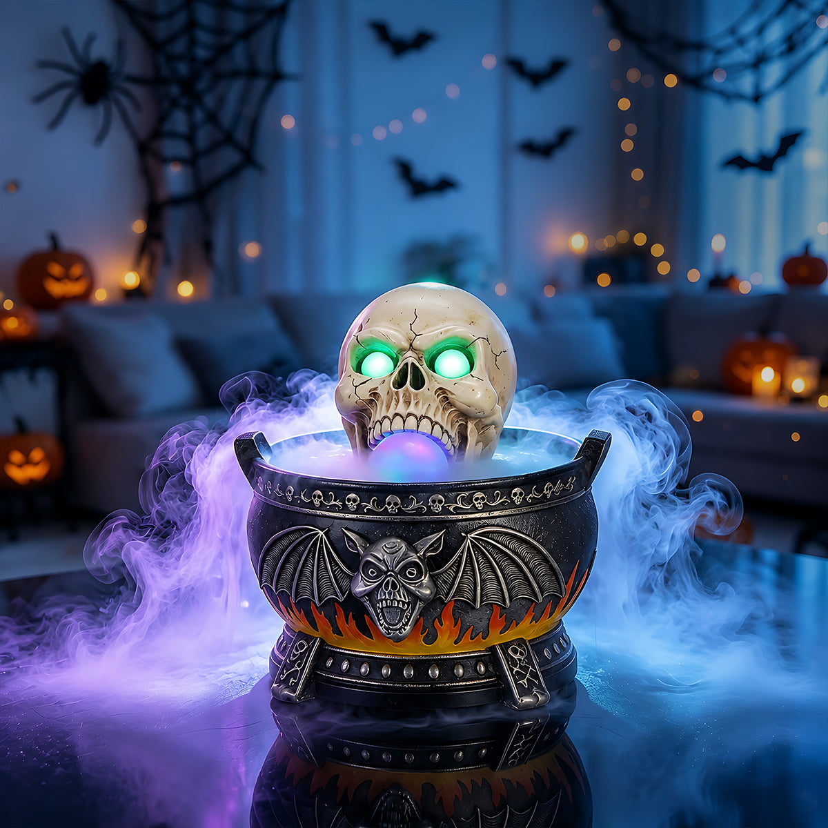 Halloween Skull Cauldron Statue with LED Lights & Mist, Resin
