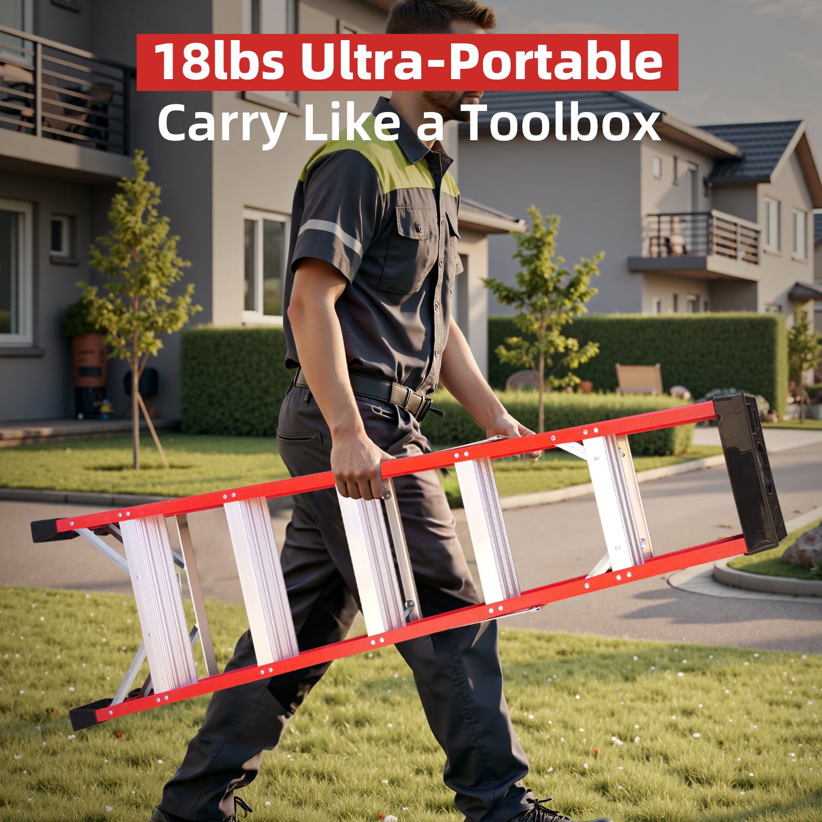 Fiberglass Step Ladder — 330 lb Capacity, Non‑Conductive, Safety Red, 11" Step Spacing