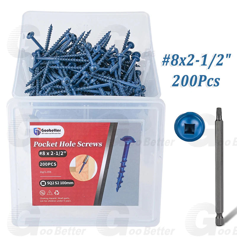 #8 Pocket Hole Screws Exterior Pocket Screw Coarse Thread Square Drive Washer Head Blue Coated With 100MM Drive Bit