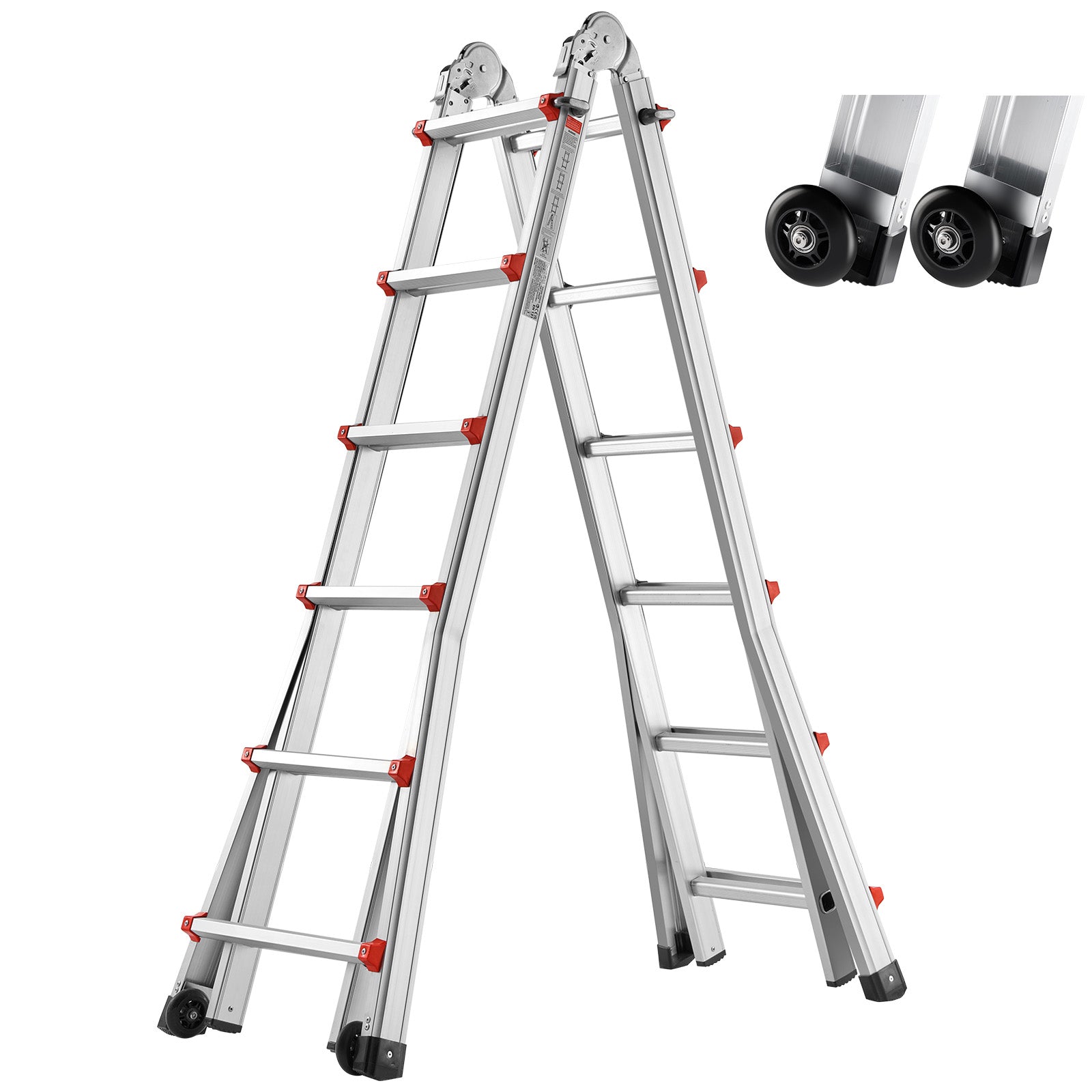 20.5FT Telescoping A‑Frame Aluminum Ladder — 330 lb Capacity, No Assembly, Dual Wheels, Silver