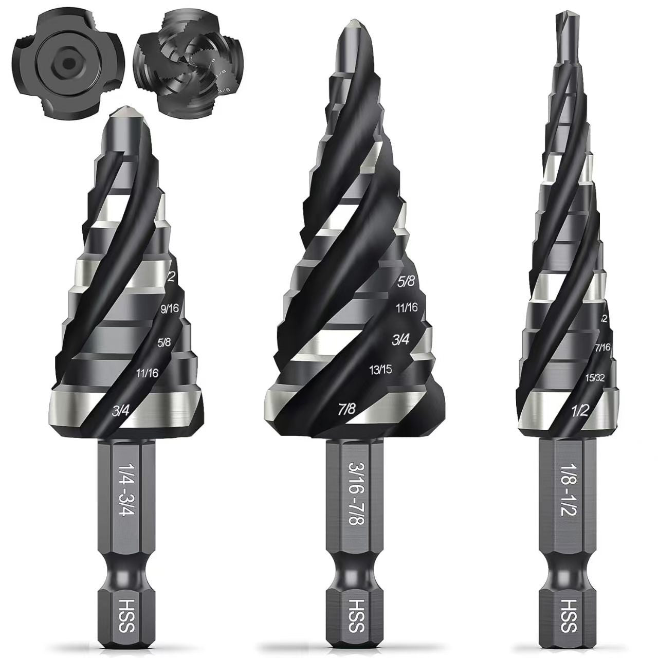 10‑Piece HSS Imperial Step Drill Bits · 4‑Flute Hex Shank