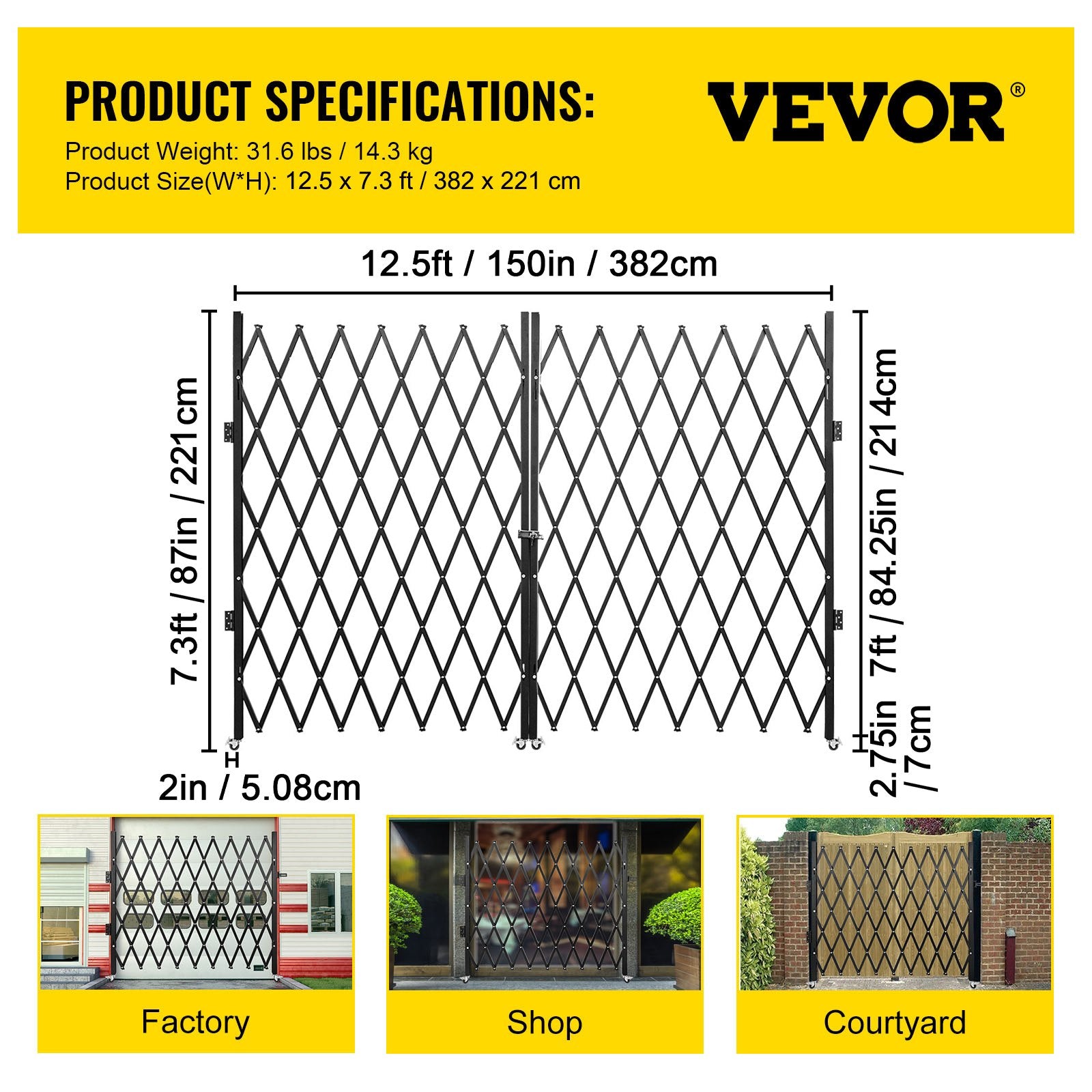 Double Folding Security Gate 7.1'H x 12.5'W – Heavy-Duty Steel Accordion Scissor Gate with Keys
