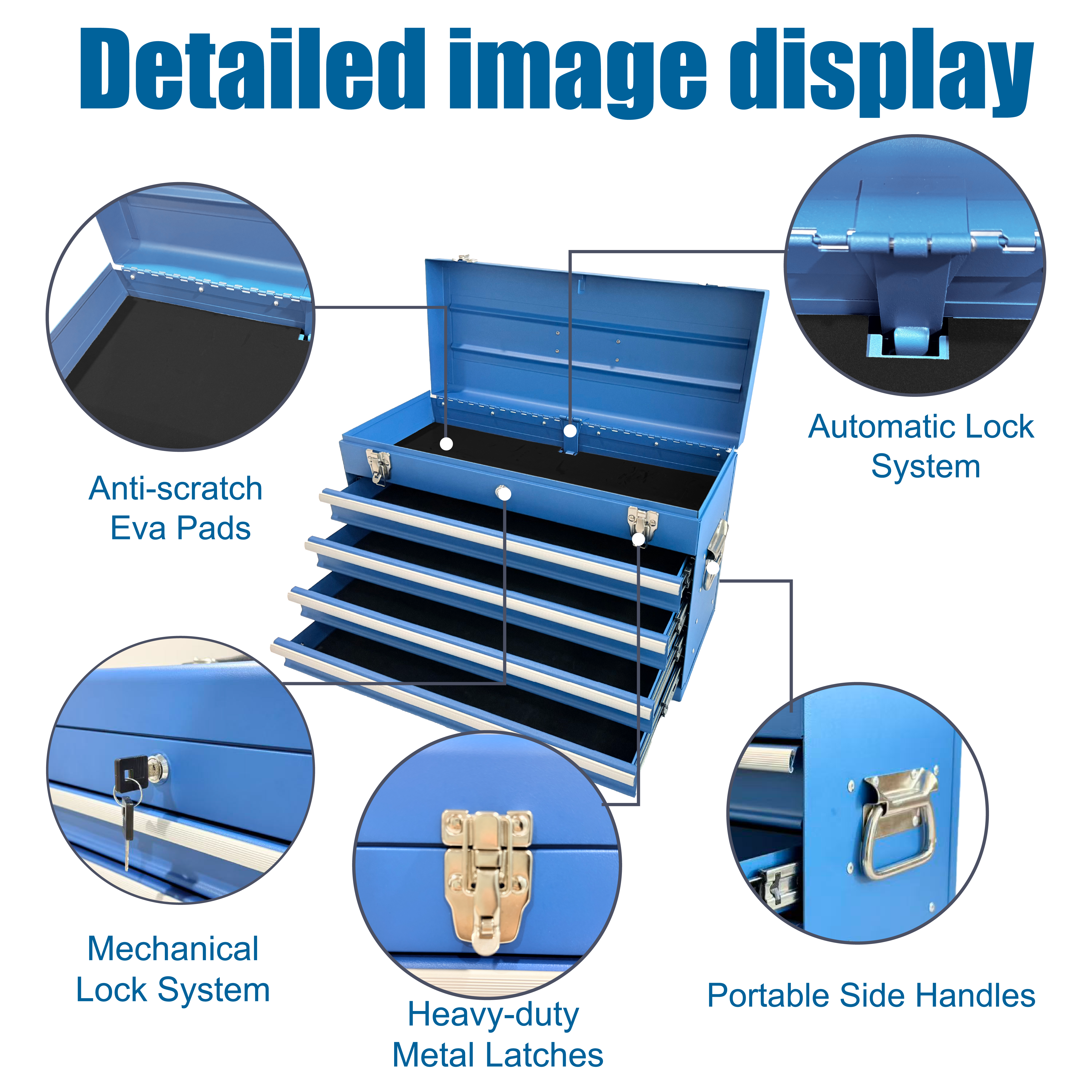 Heavy Duty Metal Tool Box – 21" Portable 4‑Drawer Tool Chest with EVA Liners, Ball Bearing Slides & Locking System