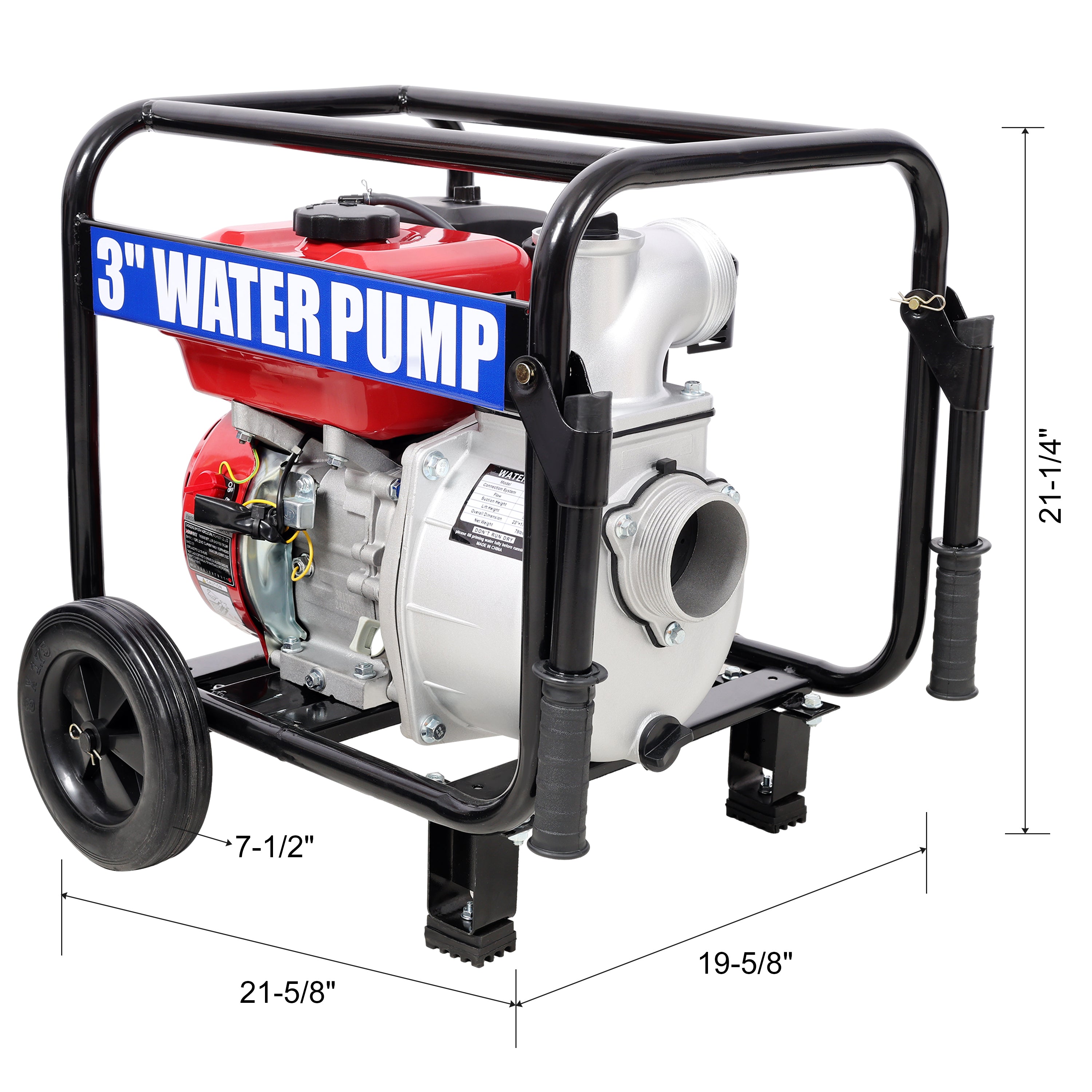 Gas Engine Powered Water Pump 3" inlet&outlet, Flow:264Gpm , 7HP Engine 212CC, EPA Certificated, 3in NPT Connector, 3in to 2in coupler 2in1, 50 ft Discharge Hose, 12 ft Suction Hose, Wheels and Handle