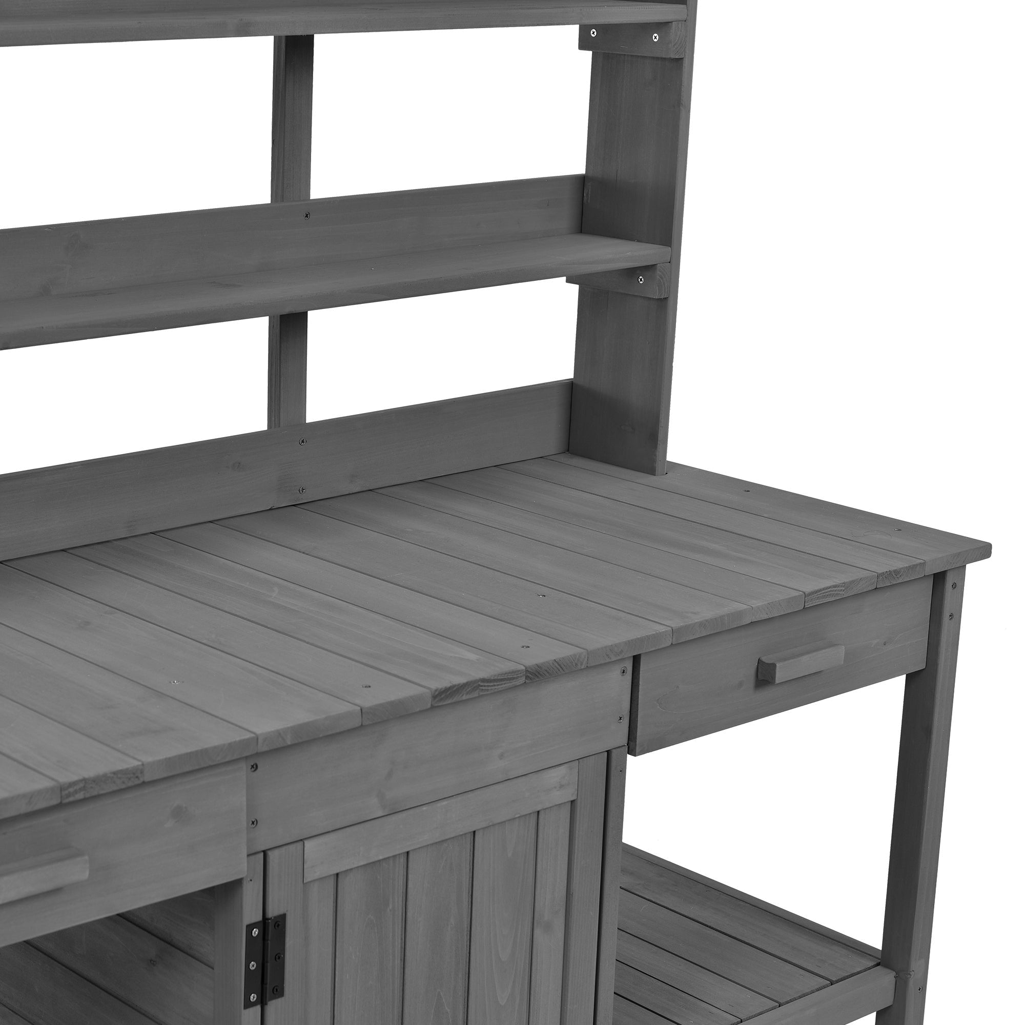 TOPMAX 66'' Large Outdoor Farmhouse Wooden Potting Bench Table, Garden Workstation with 2 Drawers,Cabinet and Open Shelves for Backyard, Mudroom, Gray