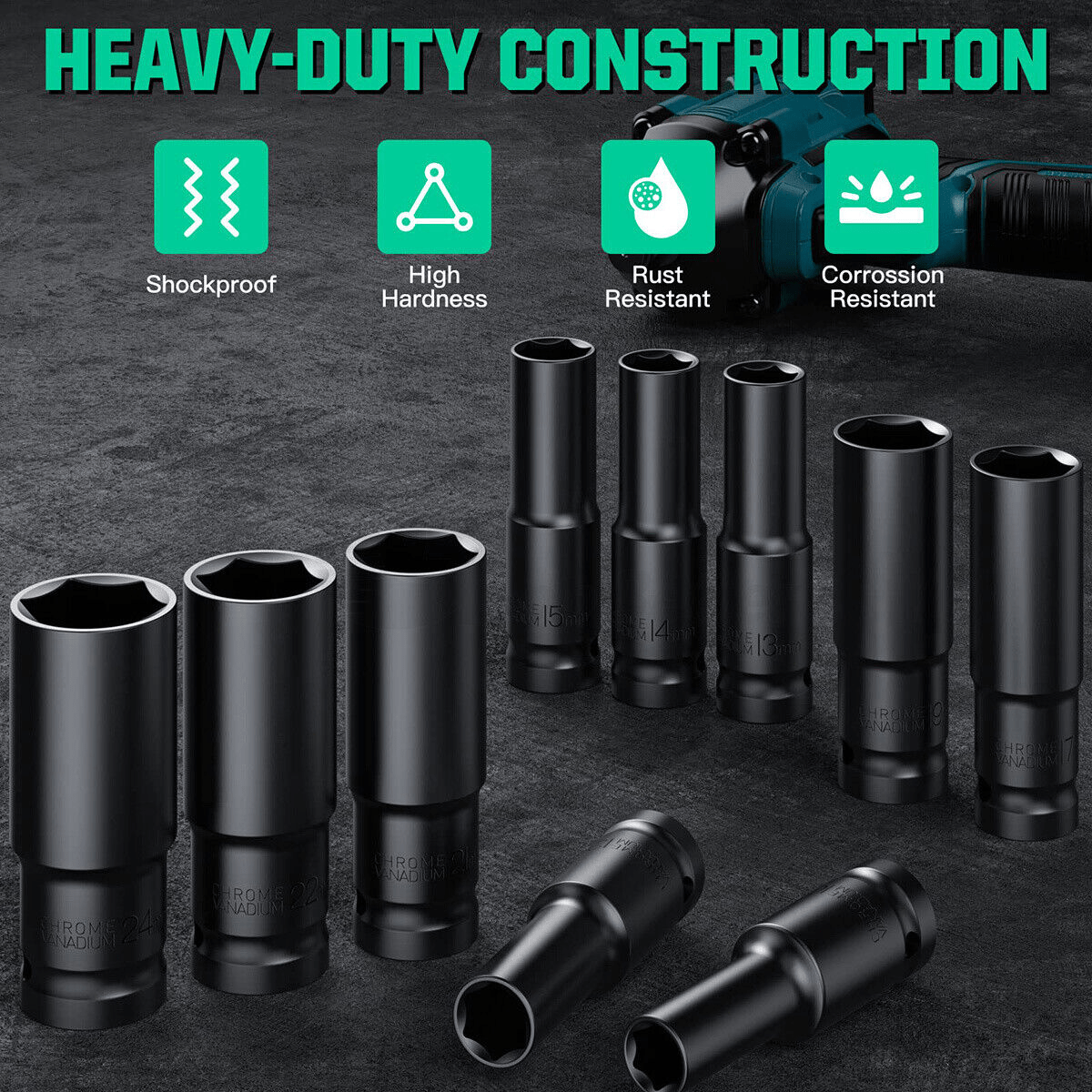 10x 1/2" Deep Impact Socket 10 - 24mm Set Metric Socket Drive Long Reach Thin Wall - HomeDIYer