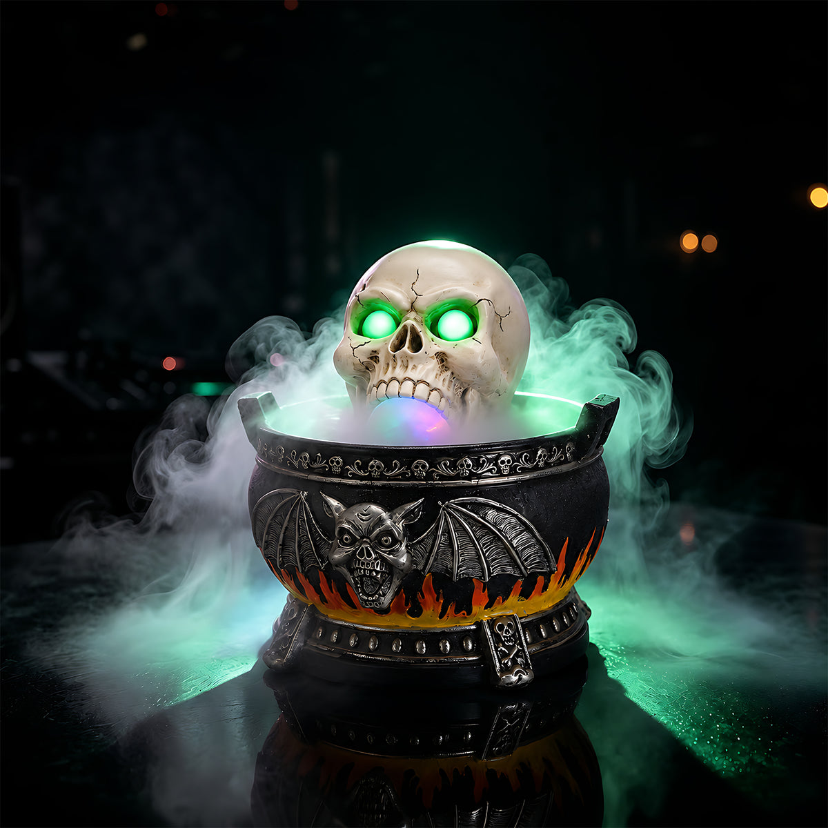 Halloween Skull Cauldron Statue with LED Lights & Mist, Resin