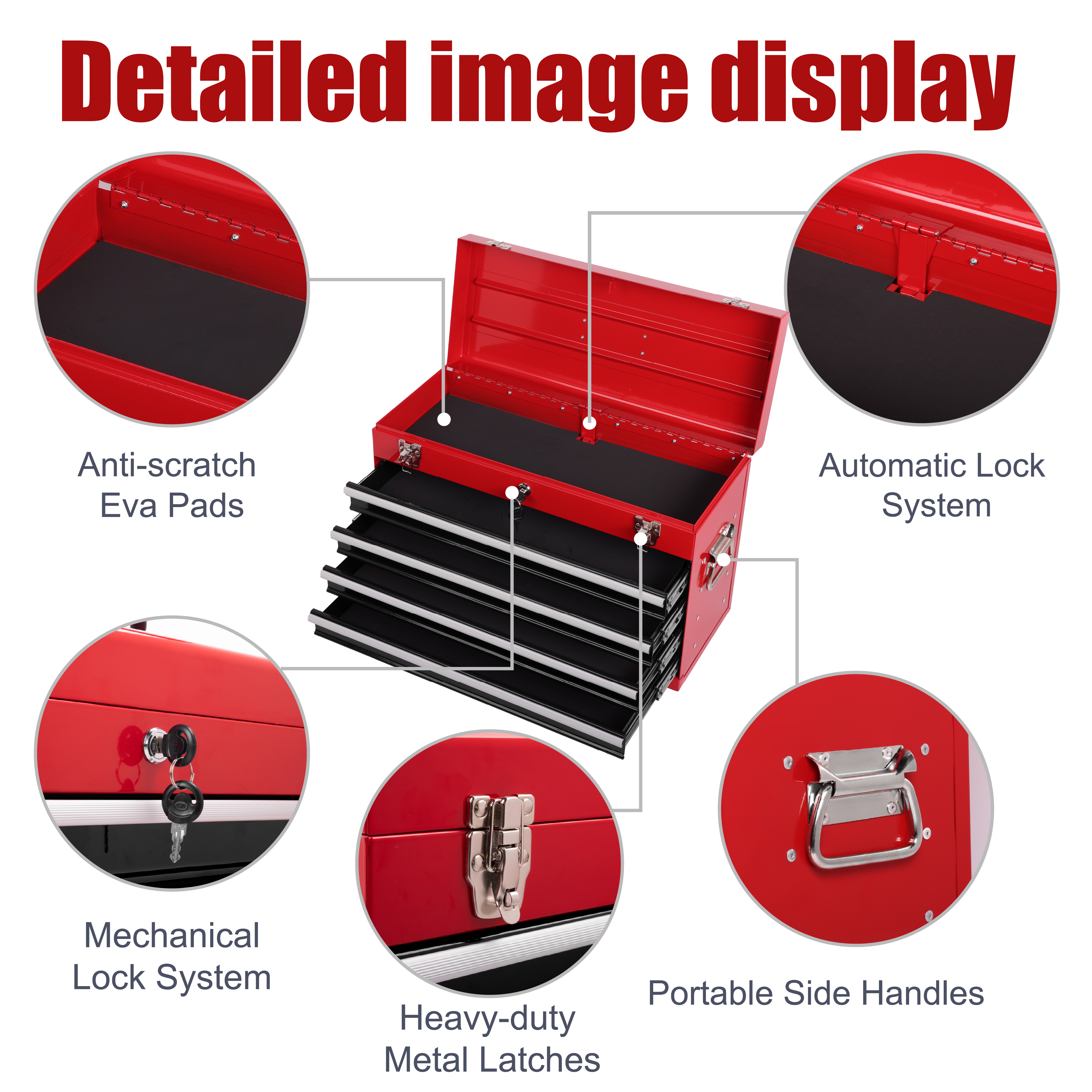 Heavy Duty Metal Tool Box – 21" Portable 4-Drawer Tool Chest with EVA Liners, Ball Bearing Slides & Locking System, Red and Black