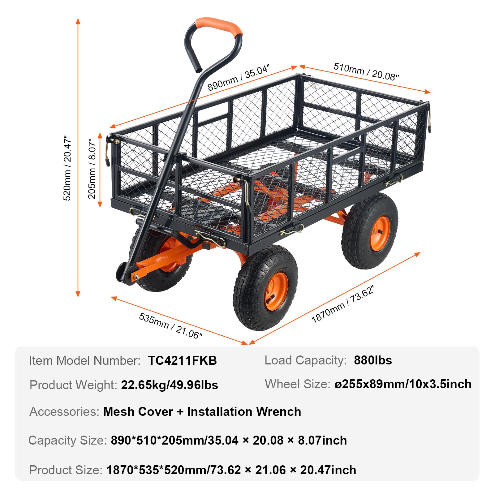 Dump Cart, Metal Garden Dump Cart with Easy to Assemble Frame, Dump Wagon with 2-in-1 Convertible Handle, Utility Wheelbarrow 880 lbs Capacity, 10 inch Tires