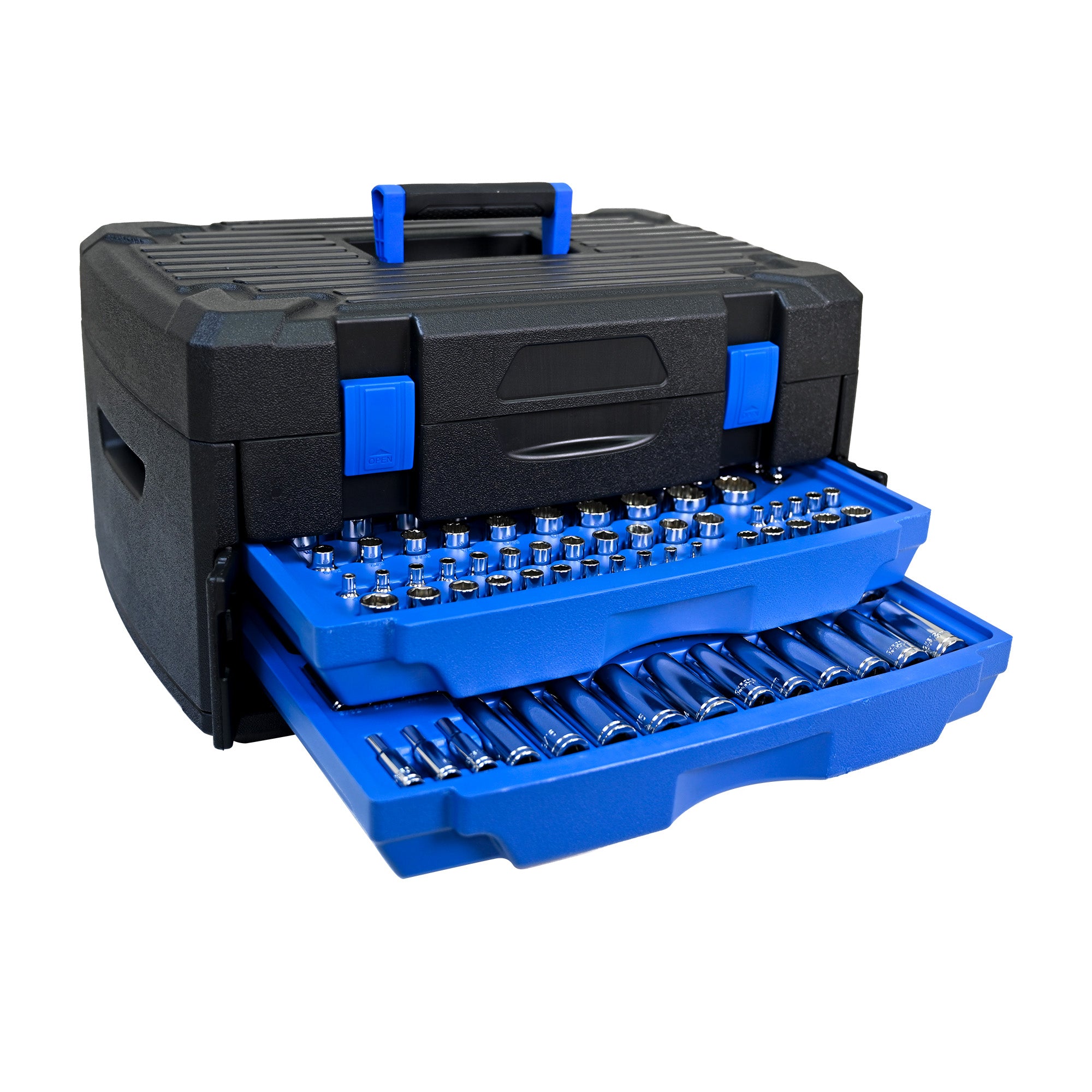 266‑Piece Black Tool Set with Lockable Case — Carbon Steel Home & Auto Repair Kit, Blue Accents