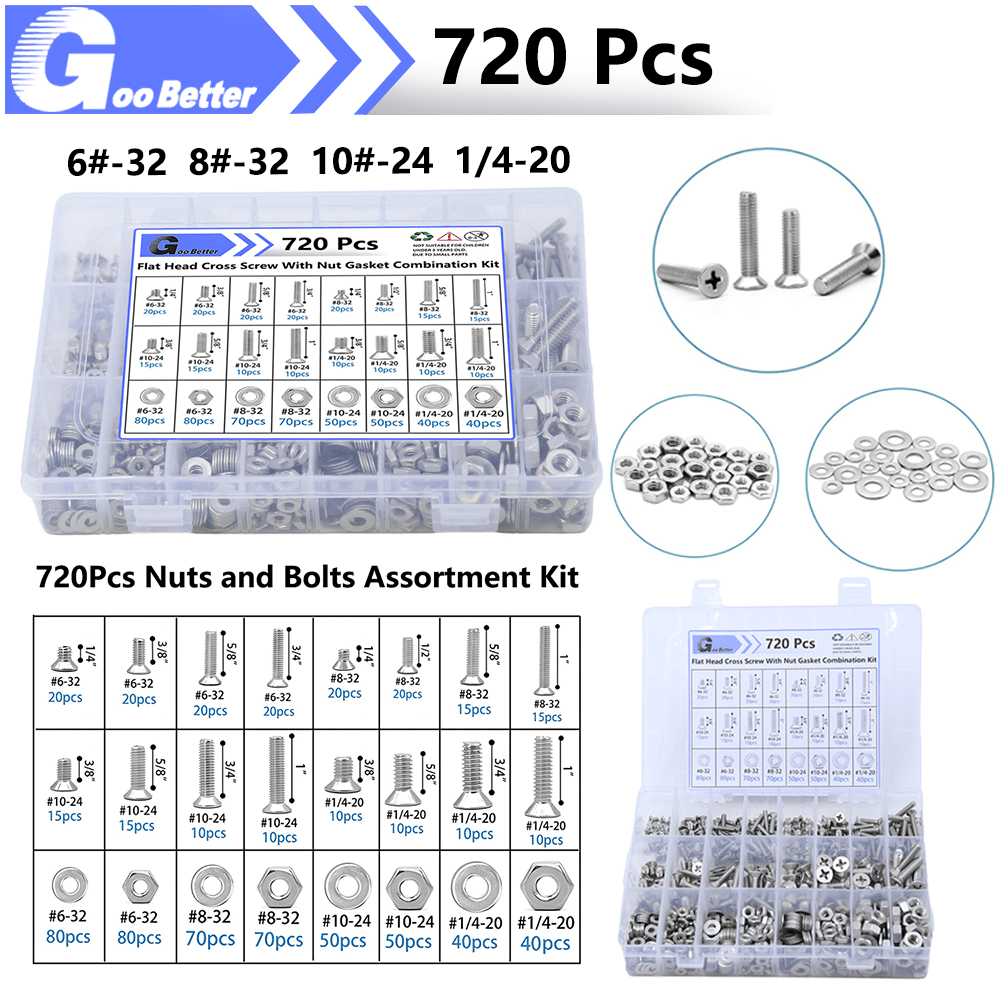 720pcs 6 - 1/4'' Countersunk Flat Head Phillips Machine Screws Set Stainless Steel - HomeDIYer