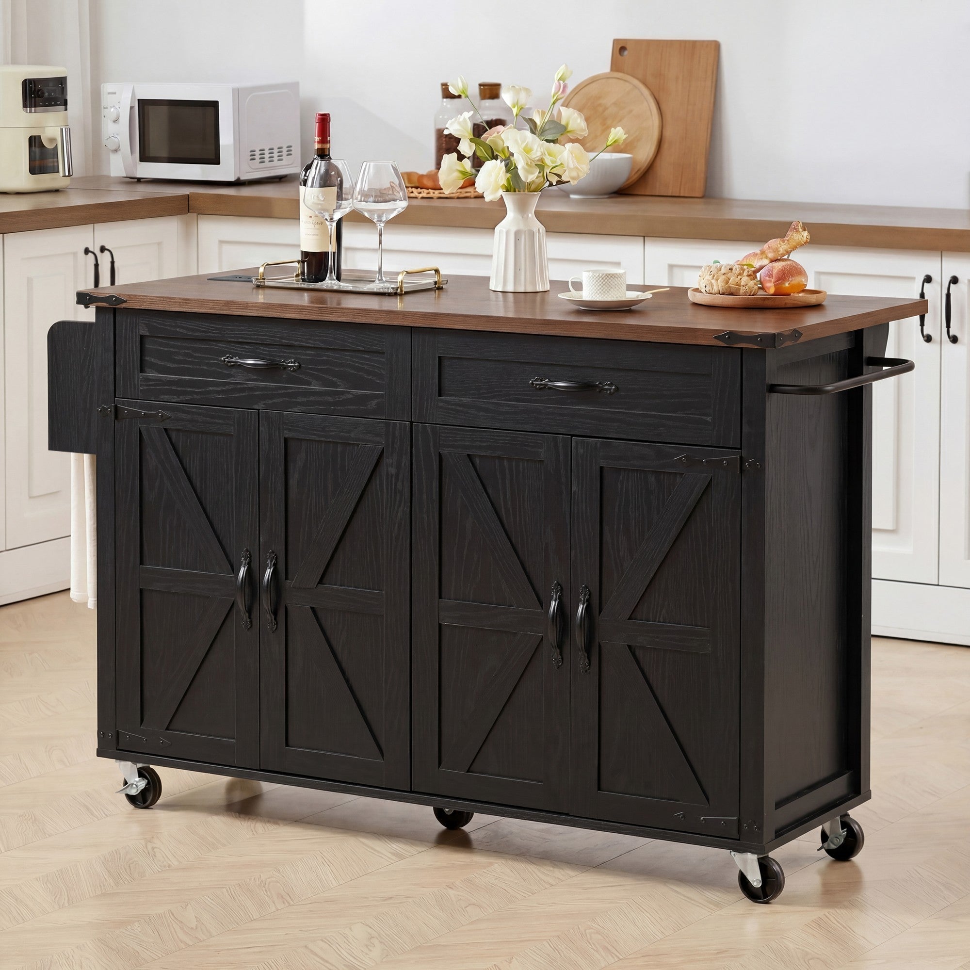 Farmhouse Kitchen Island with Power Outlet, Drop Leaf, 4-Door Storage & Wheels, 53.5 in.