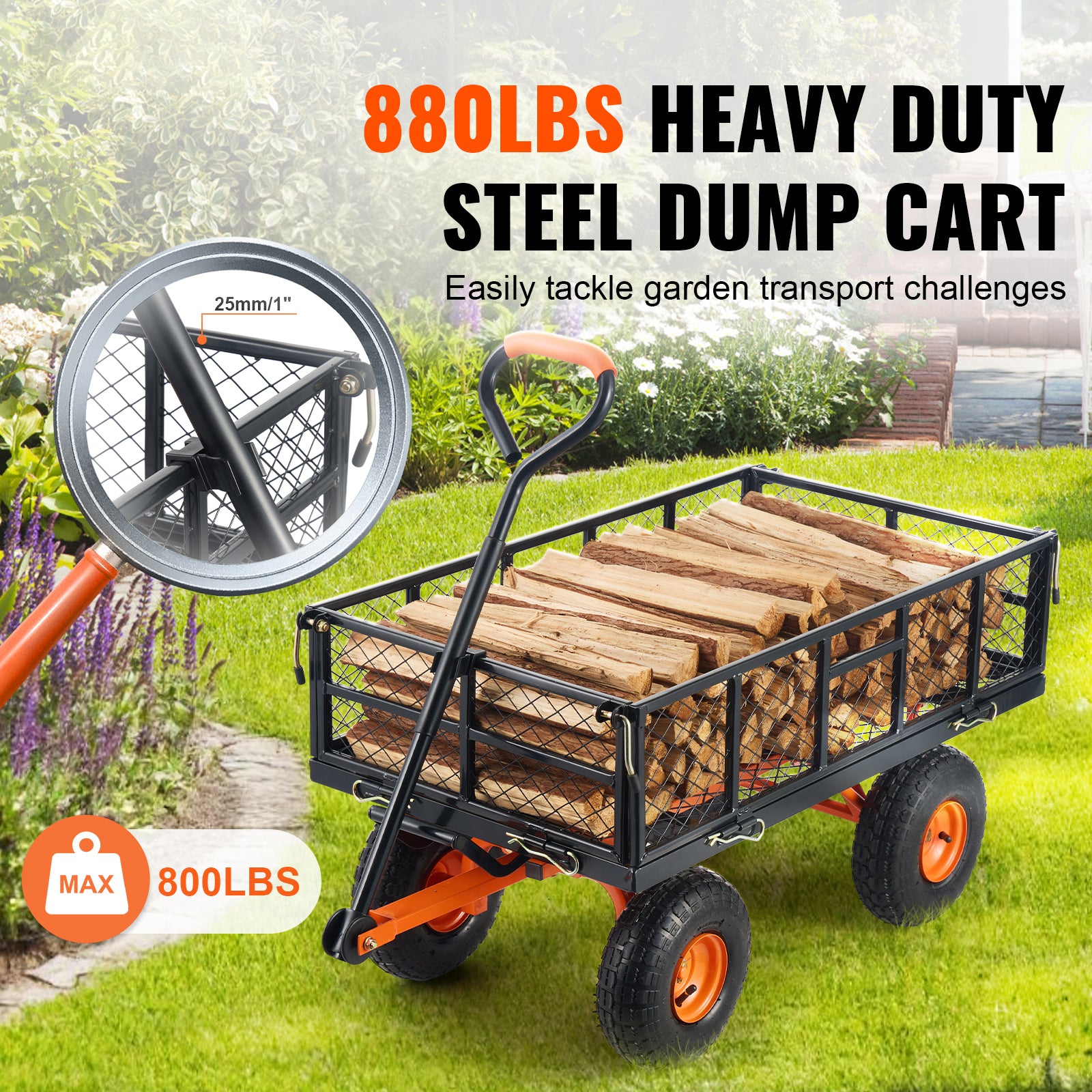 Dump Cart, Metal Garden Dump Cart with Easy to Assemble Frame, Dump Wagon with 2-in-1 Convertible Handle, Utility Wheelbarrow 880 lbs Capacity, 10 inch Tires