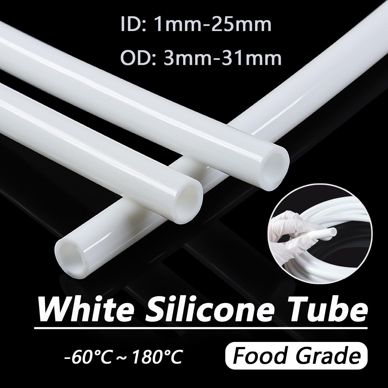 Food Grade Silicone Tube – Flexible Clear White Rubber Hose Pipe, ID 1mm–25mm, OD 3mm–31mm