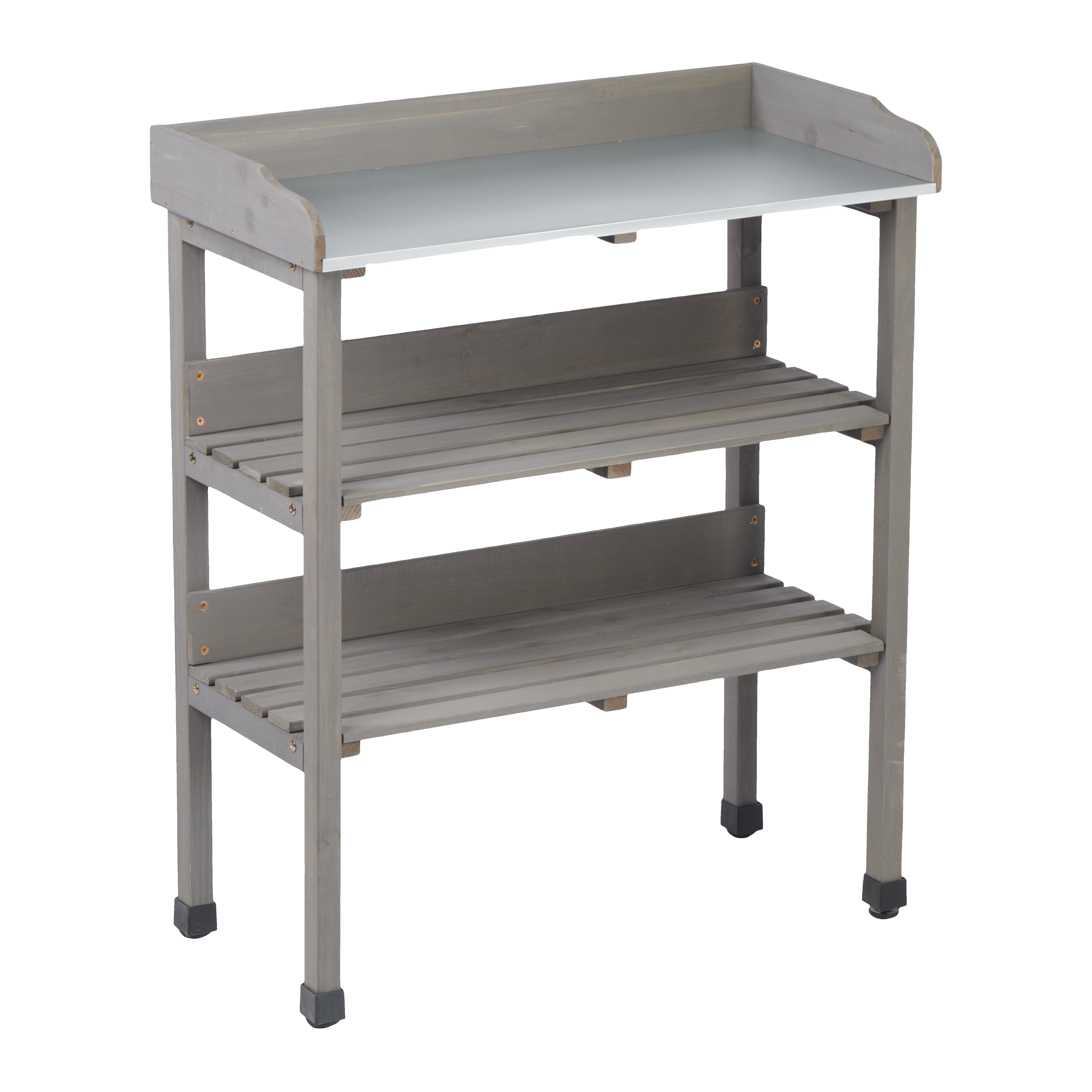 30″x14.5″×35.5″ Potting Table w/Metal Tabletop, 3 Layers Outdoor Work Bench w/Hook for Garden, Solid Wood Workstation for Garage