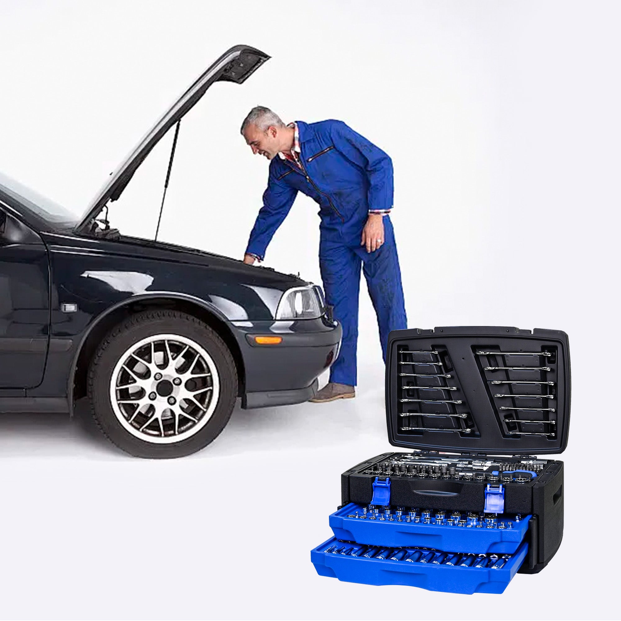 266‑Piece Black Tool Set with Lockable Case — Carbon Steel Home & Auto Repair Kit, Blue Accents