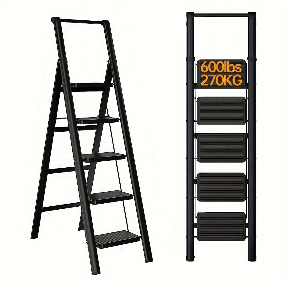 5‑Step Folding Steel Ladder — 600 lb Capacity, Anti‑Slip Wide Pedals, Black, Ideal for Home & Office