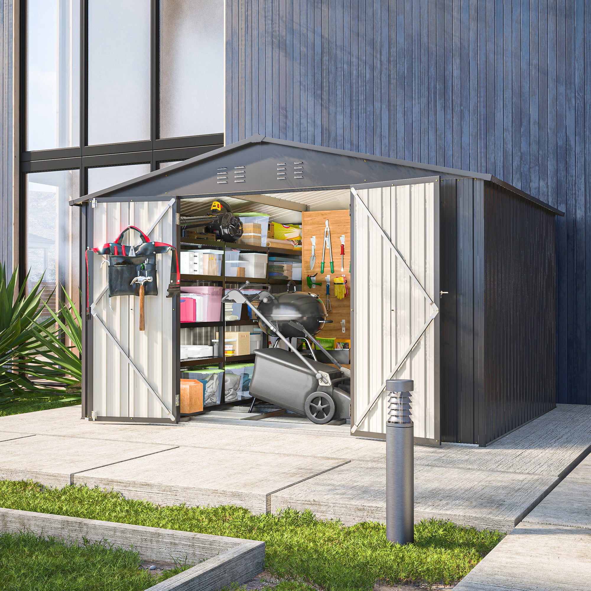 10X8 FT Outdoor Storage Shed, All Weather Metal Sheds with Lockable Doors, Tool Shed for Garden, Patio, Backyard, Lawn, Black