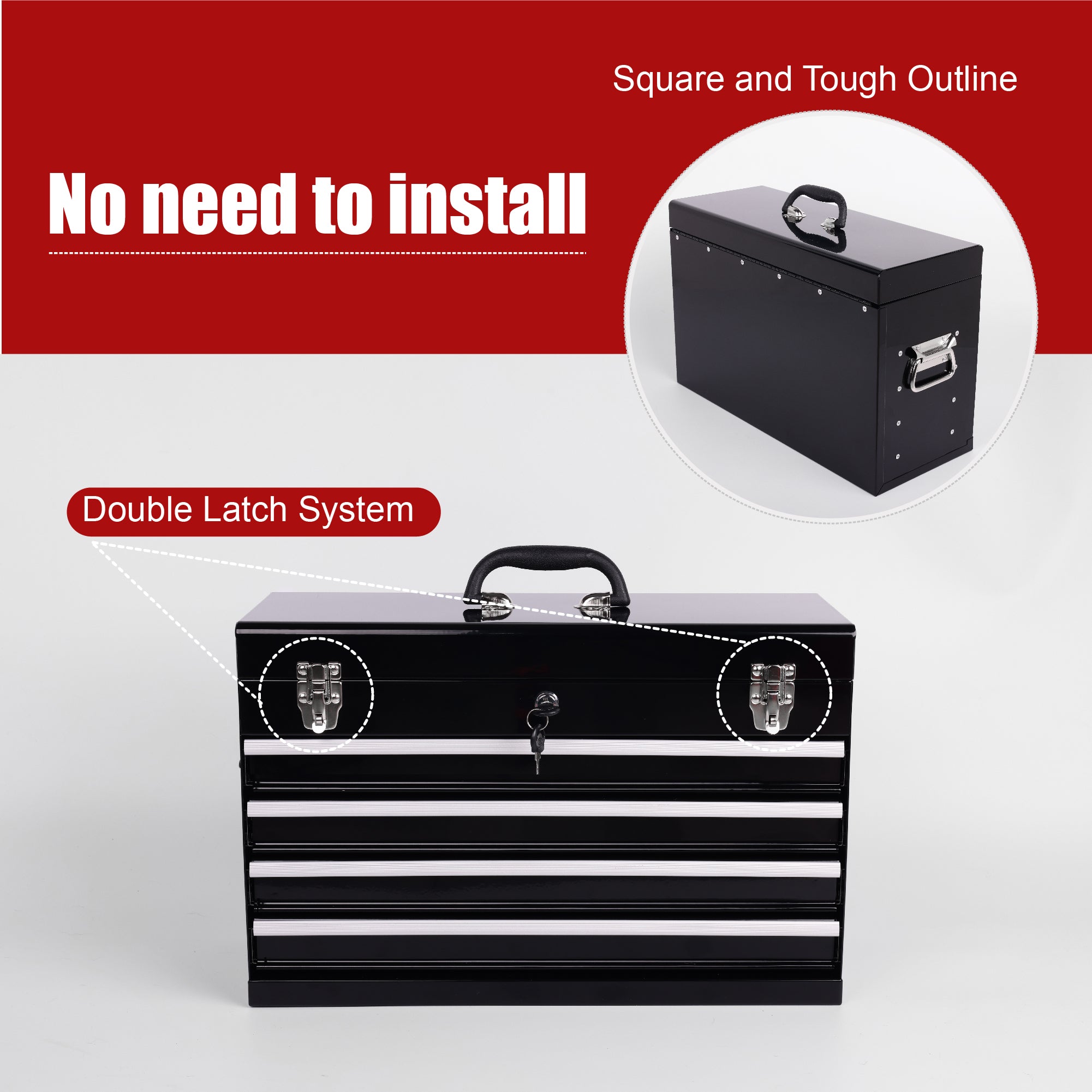 21" Heavy Duty Black Metal Tool Box with 4 Ball-Bearing Drawers