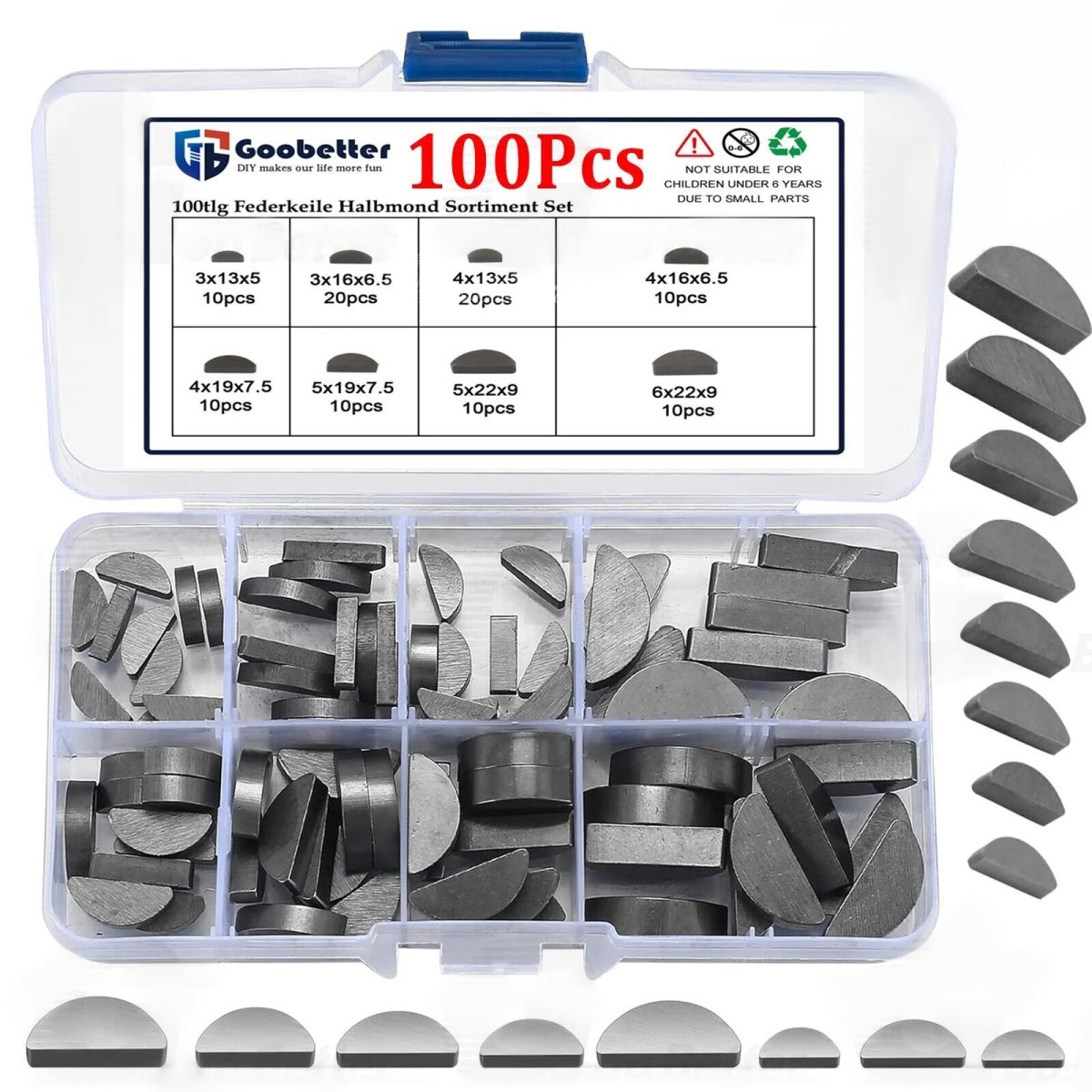 100Pcs Carbon Steel Woodruff Keys Half Moon Assortment Kit Semicircle 8 Sizes - HomeDIYer
