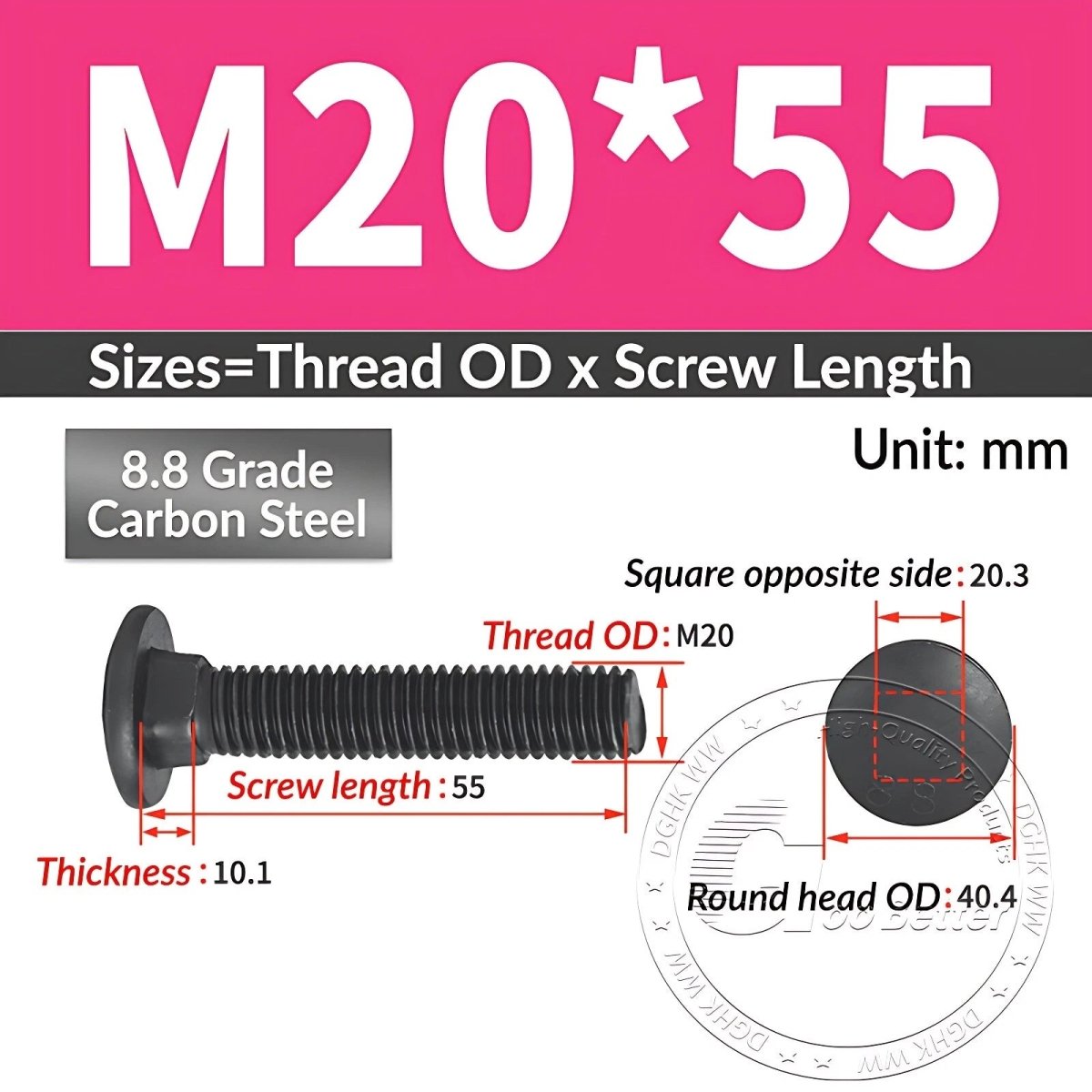 Black 8.8 Grade Steel Carriage Bolts | Cup Square Dome Head | M6–M24 - HomeDIYer