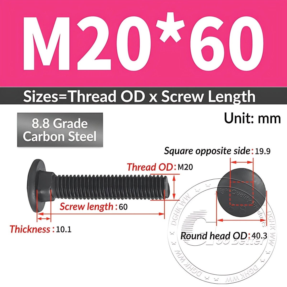 Black 8.8 Grade Steel Carriage Bolts | Cup Square Dome Head | M6–M24 - HomeDIYer