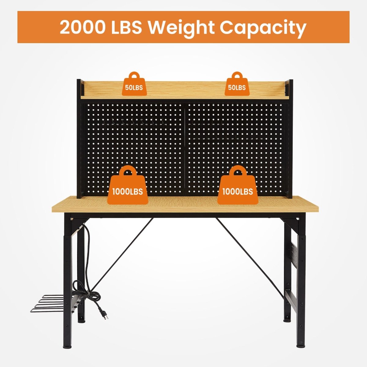 48''Adjustable Workbench with pegboard, Heavy Duty Wooden Desktop Workbench with Wheels, 1600 lb. Load Capacity, Rolling Workbench with AC/USB Outlet, Hooks, Shelf, for Garage, Workshop, Office, Home. - HomeDIYer