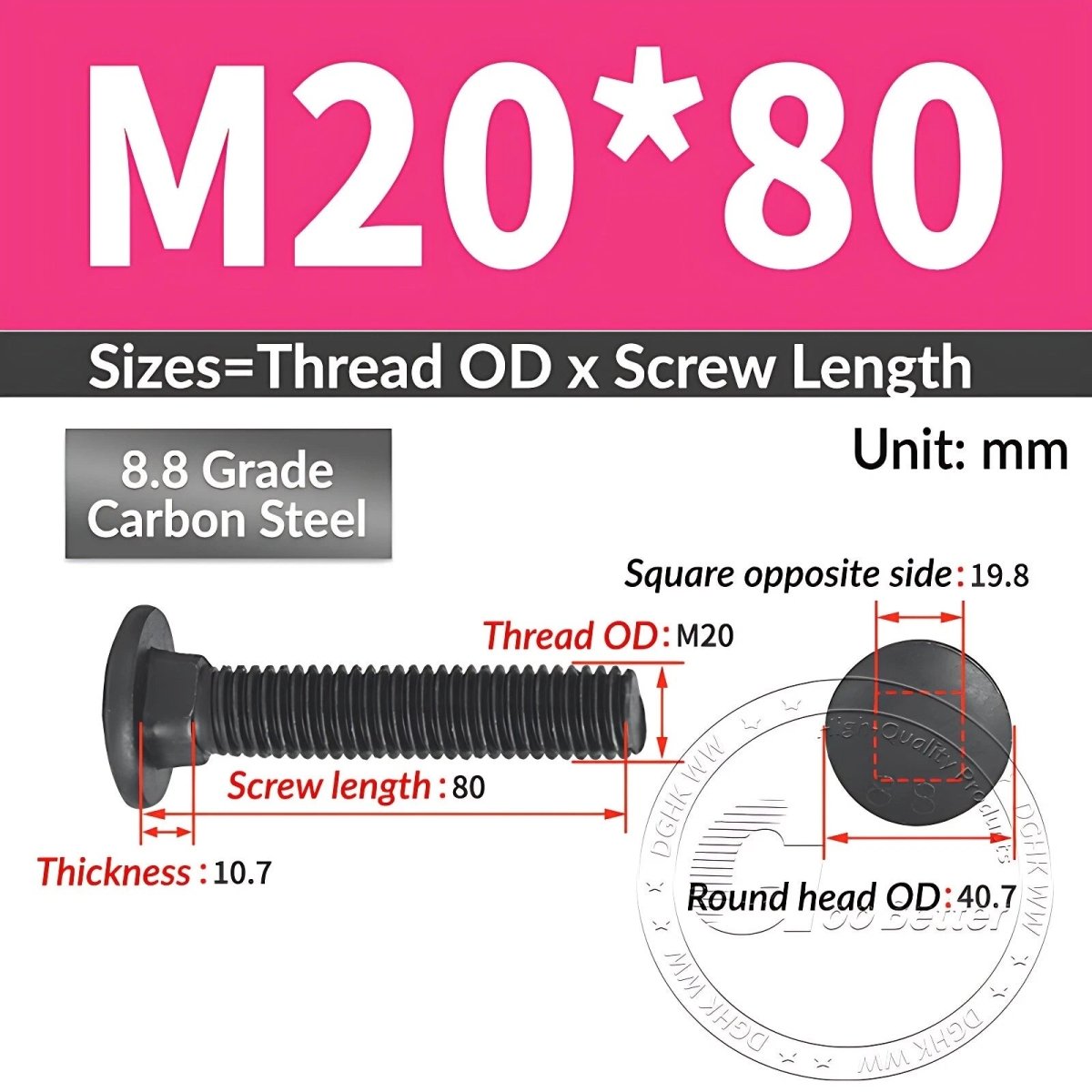 Black 8.8 Grade Steel Carriage Bolts | Cup Square Dome Head | M6–M24 - HomeDIYer
