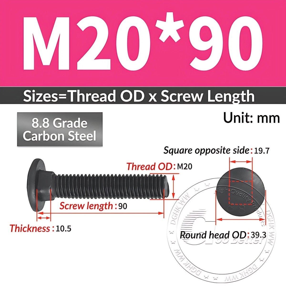 Black 8.8 Grade Steel Carriage Bolts | Cup Square Dome Head | M6–M24 - HomeDIYer