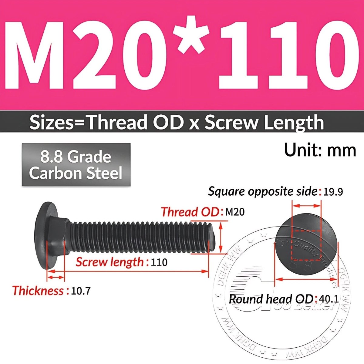 Black 8.8 Grade Steel Carriage Bolts | Cup Square Dome Head | M6–M24 - HomeDIYer