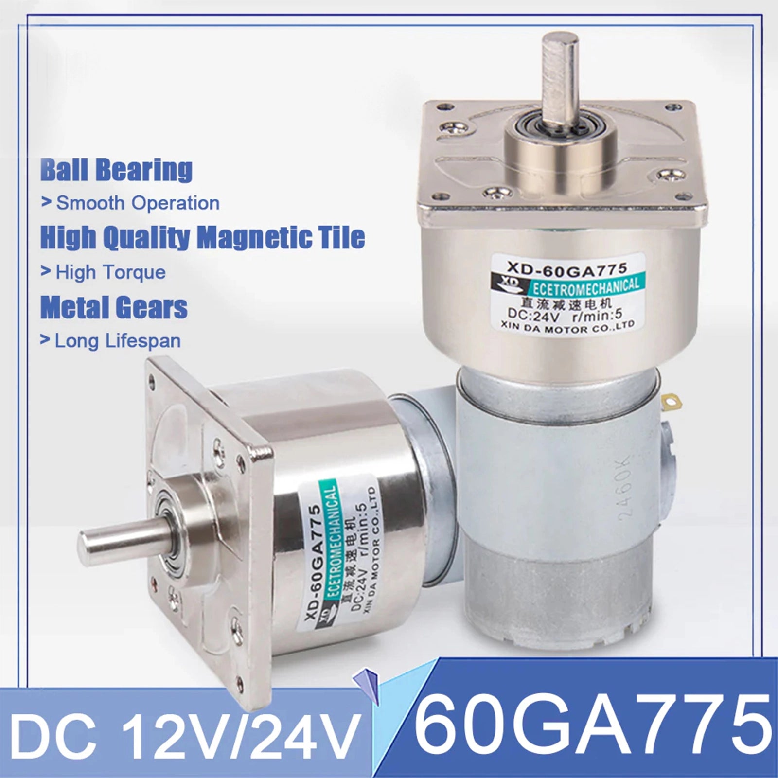 DC 12V/24V Gear Motor 35W 5~400RPM CW/CCW High Torque All Metal GearBox 60GA775 - HomeDIYer
