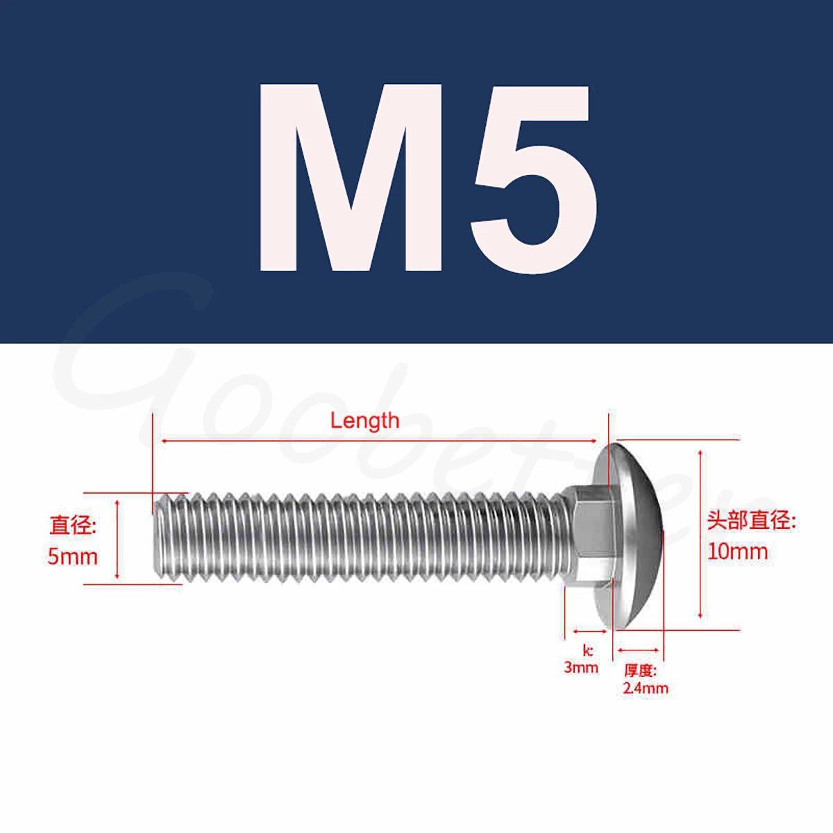 M3 M4 M5 Stainless Steel Carriage Bolts — DIN 603 Cup Square Dome Head, 304 SS - HomeDIYer