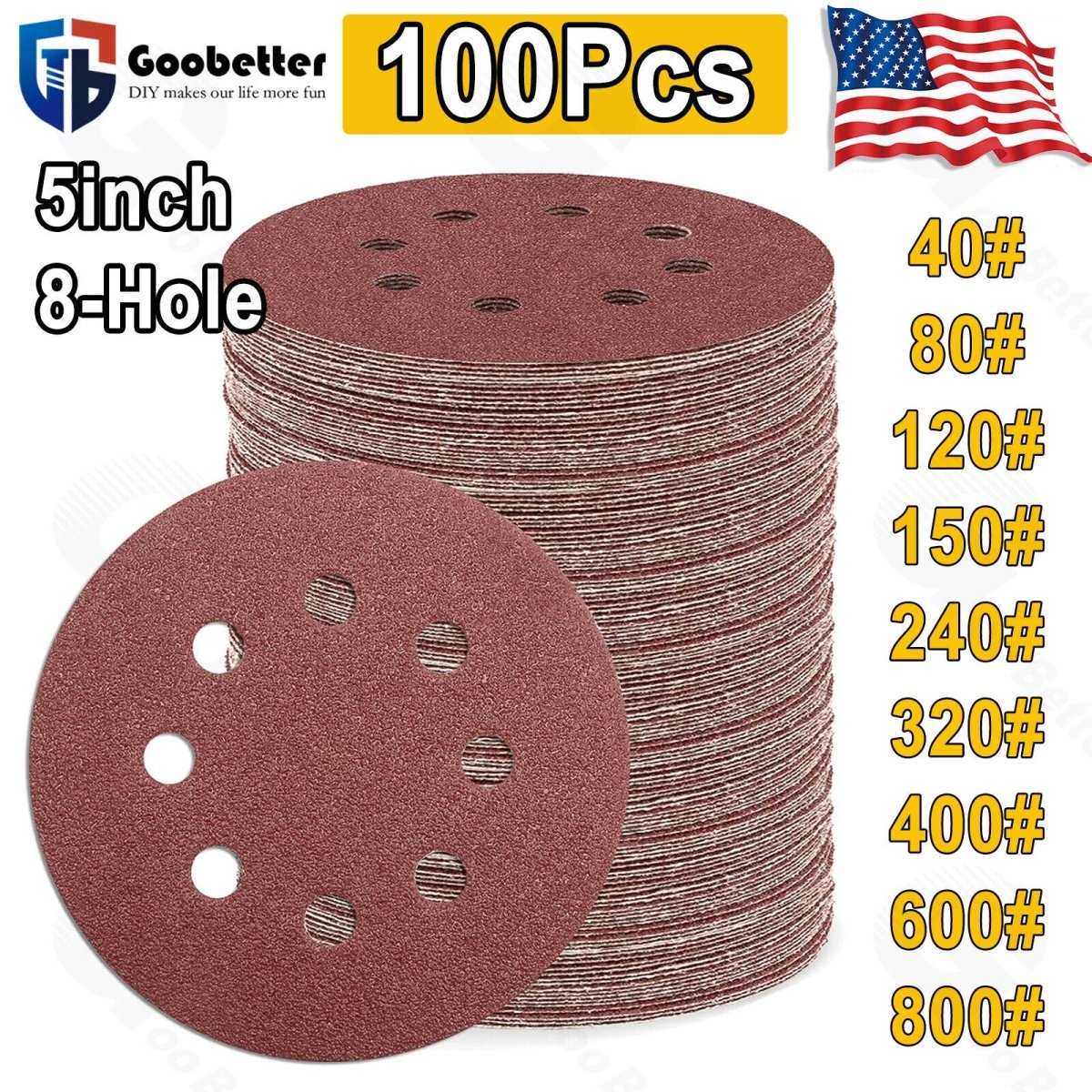 100Pcs 40 to 800 Grit Sanding Discs 5 inch 8 - Hole Hook Loop Orbital Sander Paper - HomeDIYer