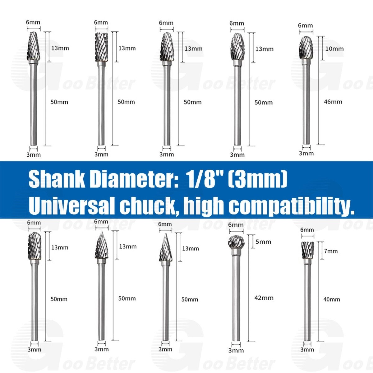 10x Double Cut Tungsten Carbide Rotary Burr Set 1/8'' Drill Bits for Dremel Tool - HomeDIYer
