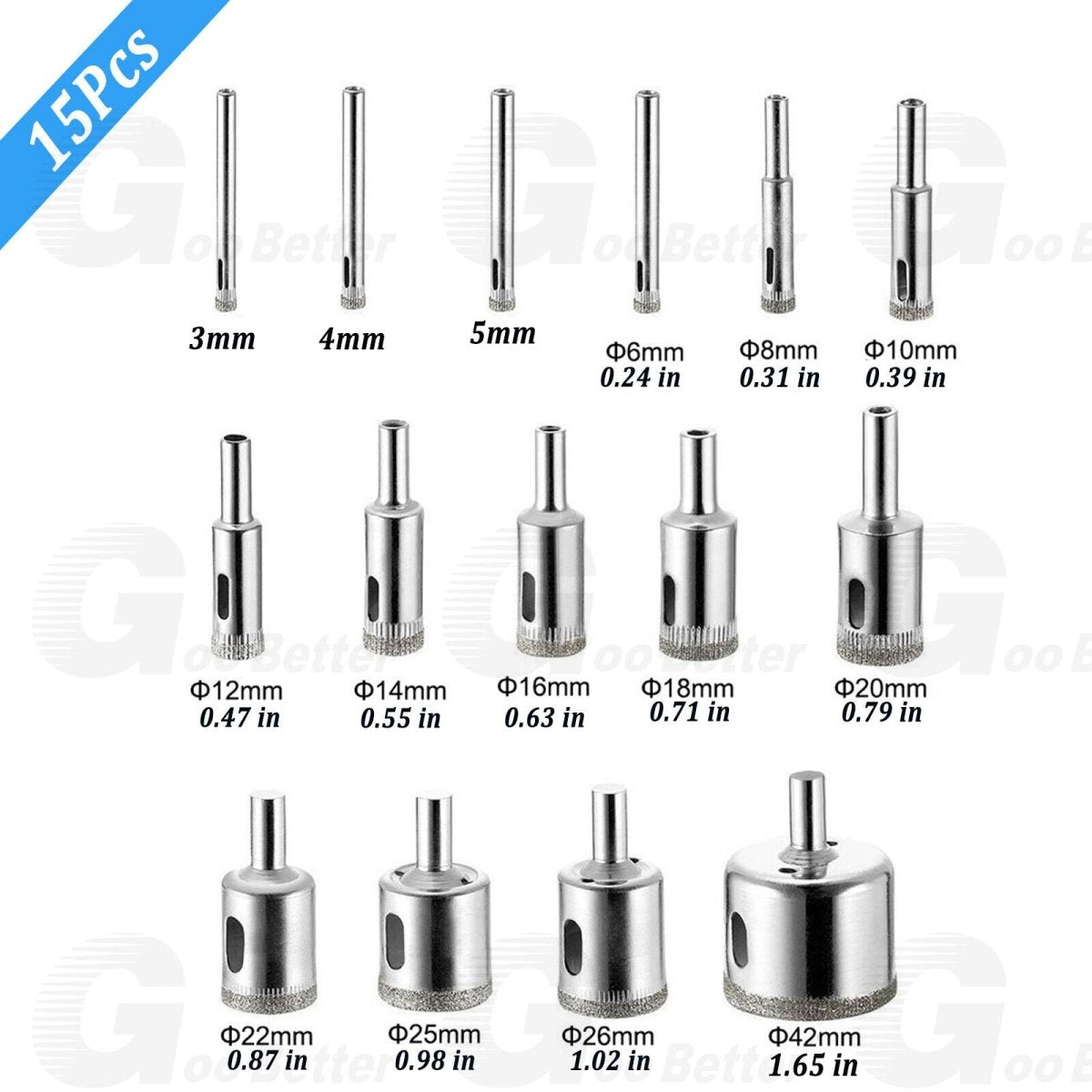 15Pcs Diamond Hole Saw Set Drill Bits Kit 3mm - 42mm Cutter For Glass Ceramic Tile - HomeDIYer
