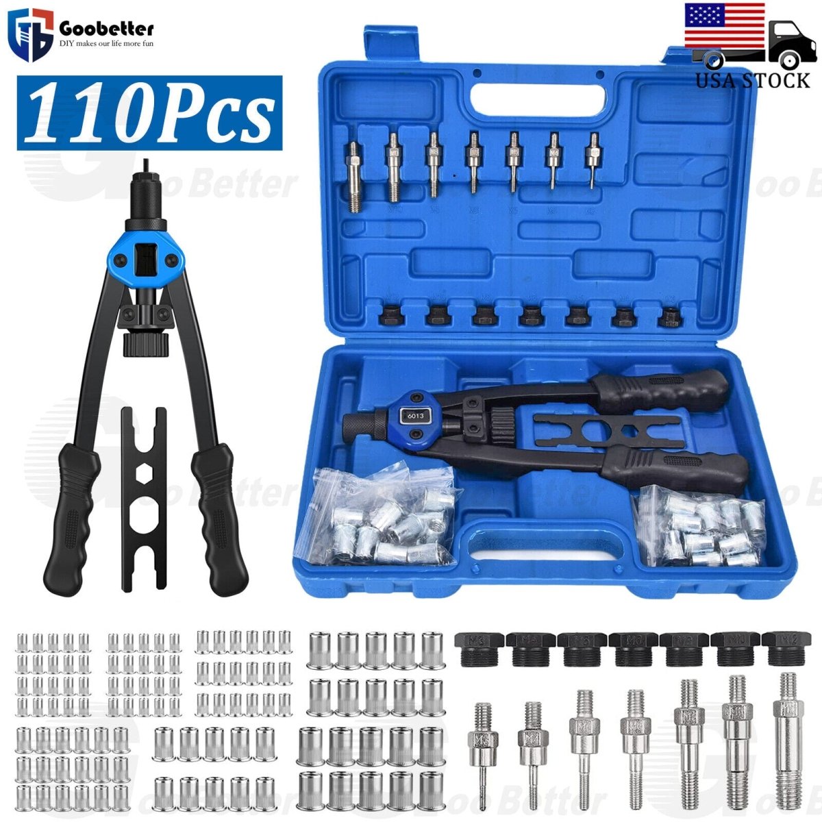 13'' Rivet Gun Kit Rivnut Thread Setting Tool Nut Setter NutSert Metric 110PCS - HomeDIYer