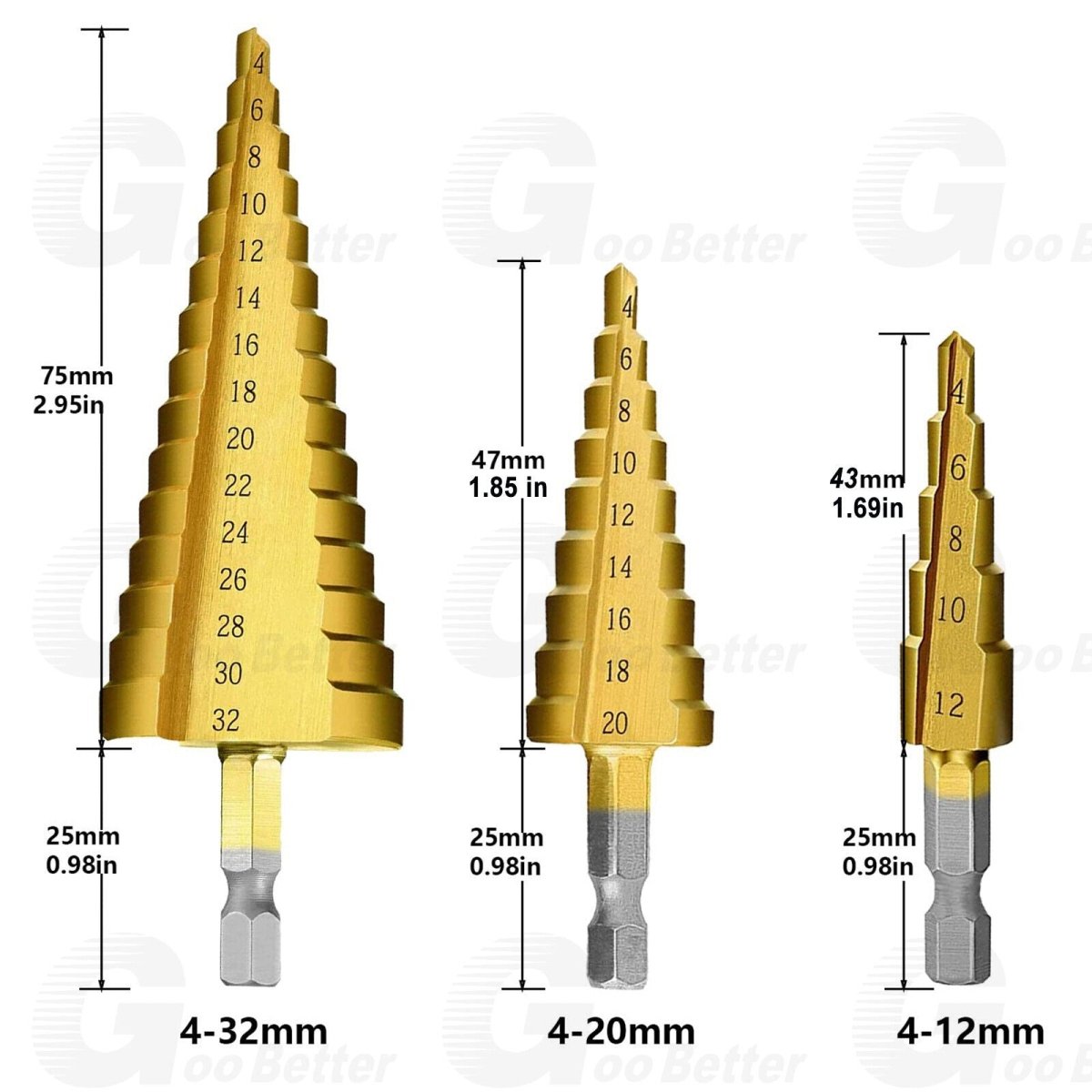 3Pcs Spiral Step Cone Drill Bit Set HSS 1/4" Hex Shank Hole Bits for Metal Wood - HomeDIYer