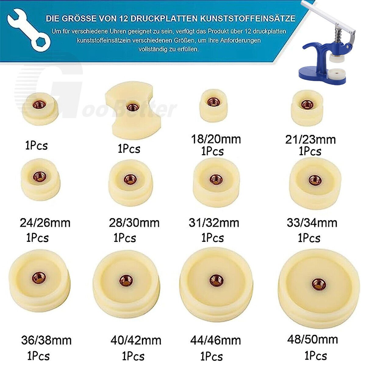Watch Press Set - Watch Back Case Closer - Glass Fitting Watchmaker Repair Tool Kit. with 12 Snap on Fitting Dies/Moulds - HomeDIYer