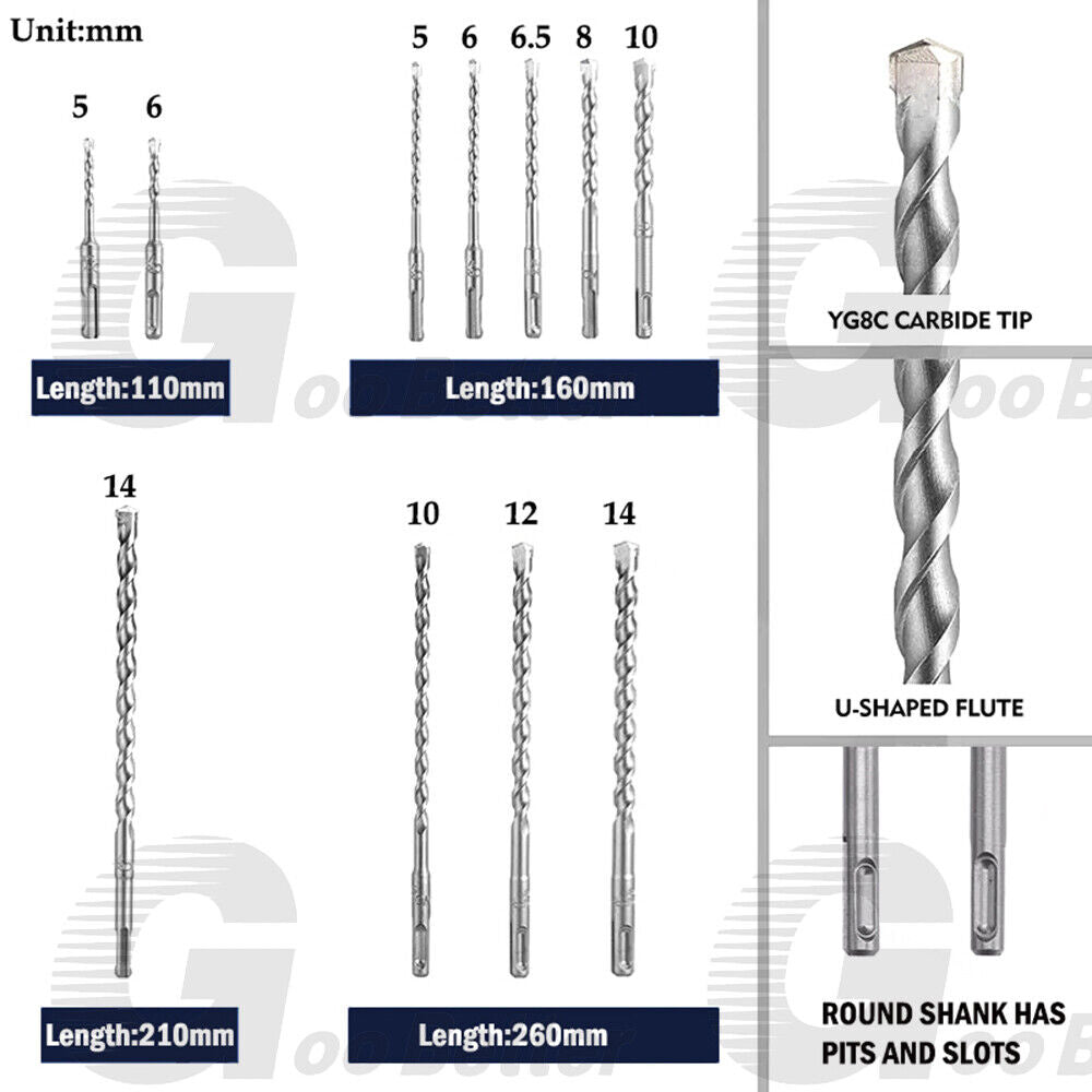 17x SDS Plus Rotary Hammer Drill Bit Chisels Set Concrete Stone with Plastic Box - HomeDIYer