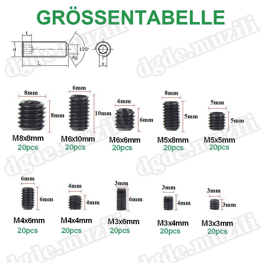 200Pcs Grub Screws Assortment M3 - M8 Hexagon Socket Set Screws DIN 913 - HomeDIYer